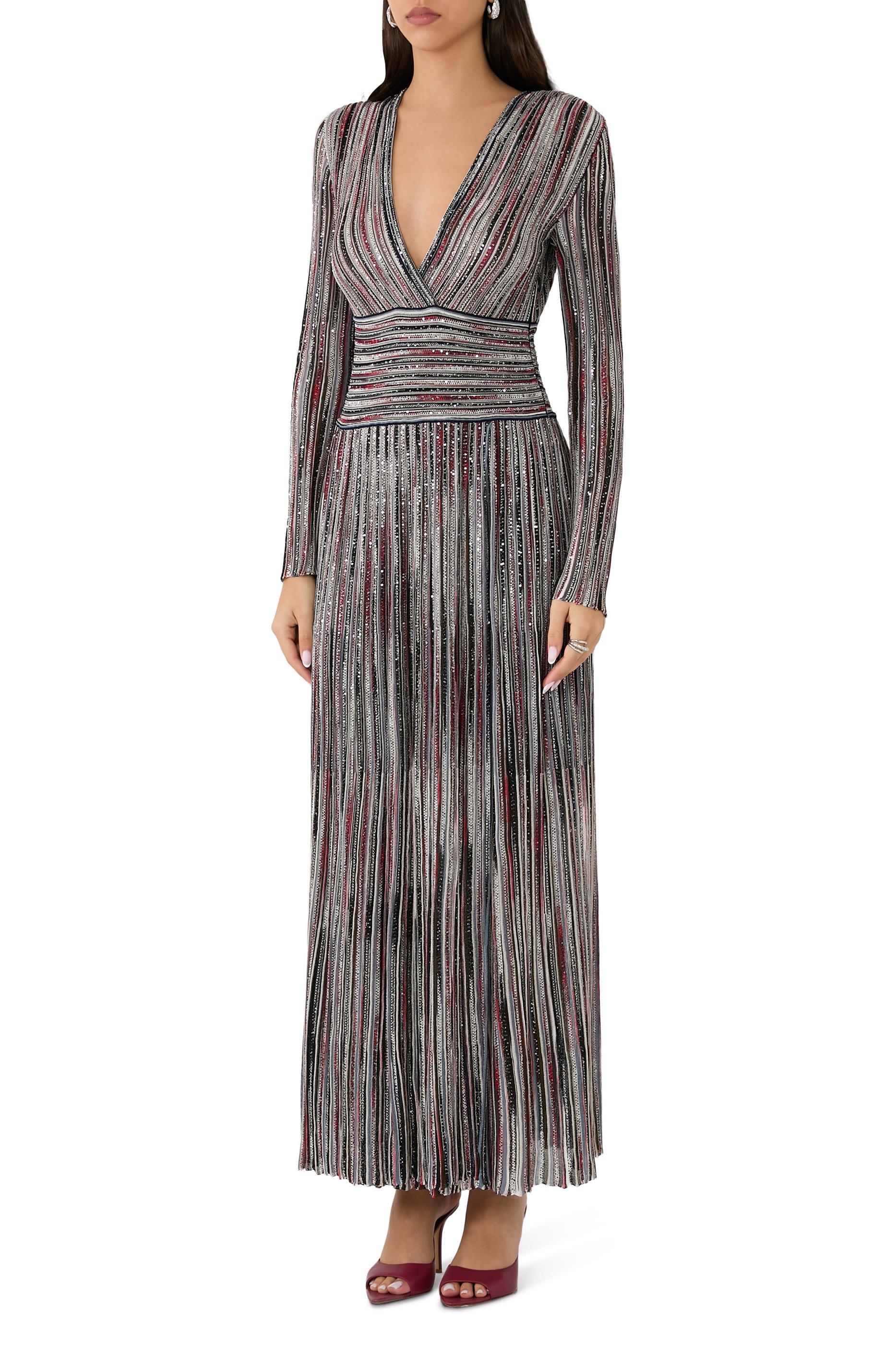 Partialized Knit Lurex Belted Long Dress