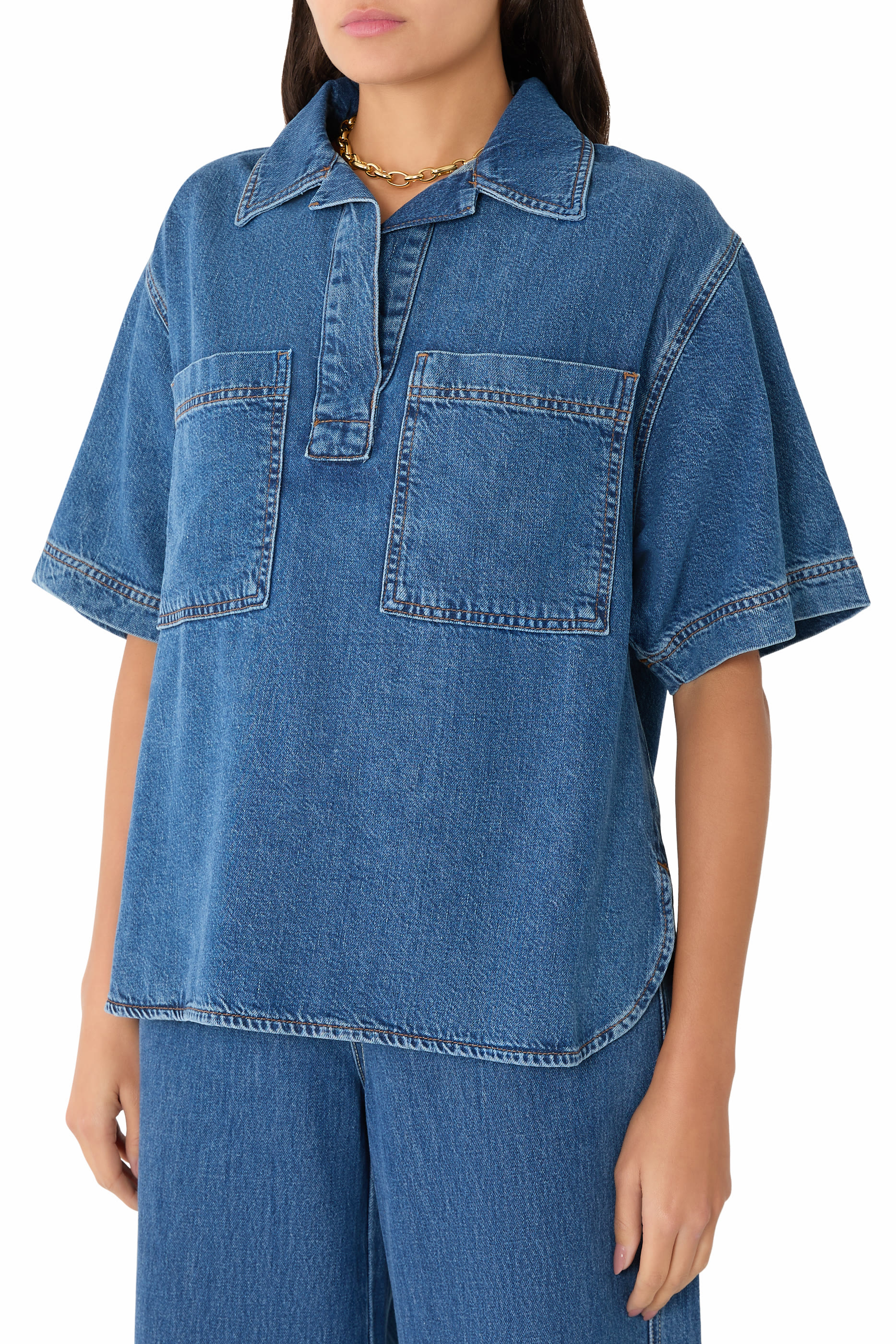 High-Low Short-Sleeve Denim Shirt