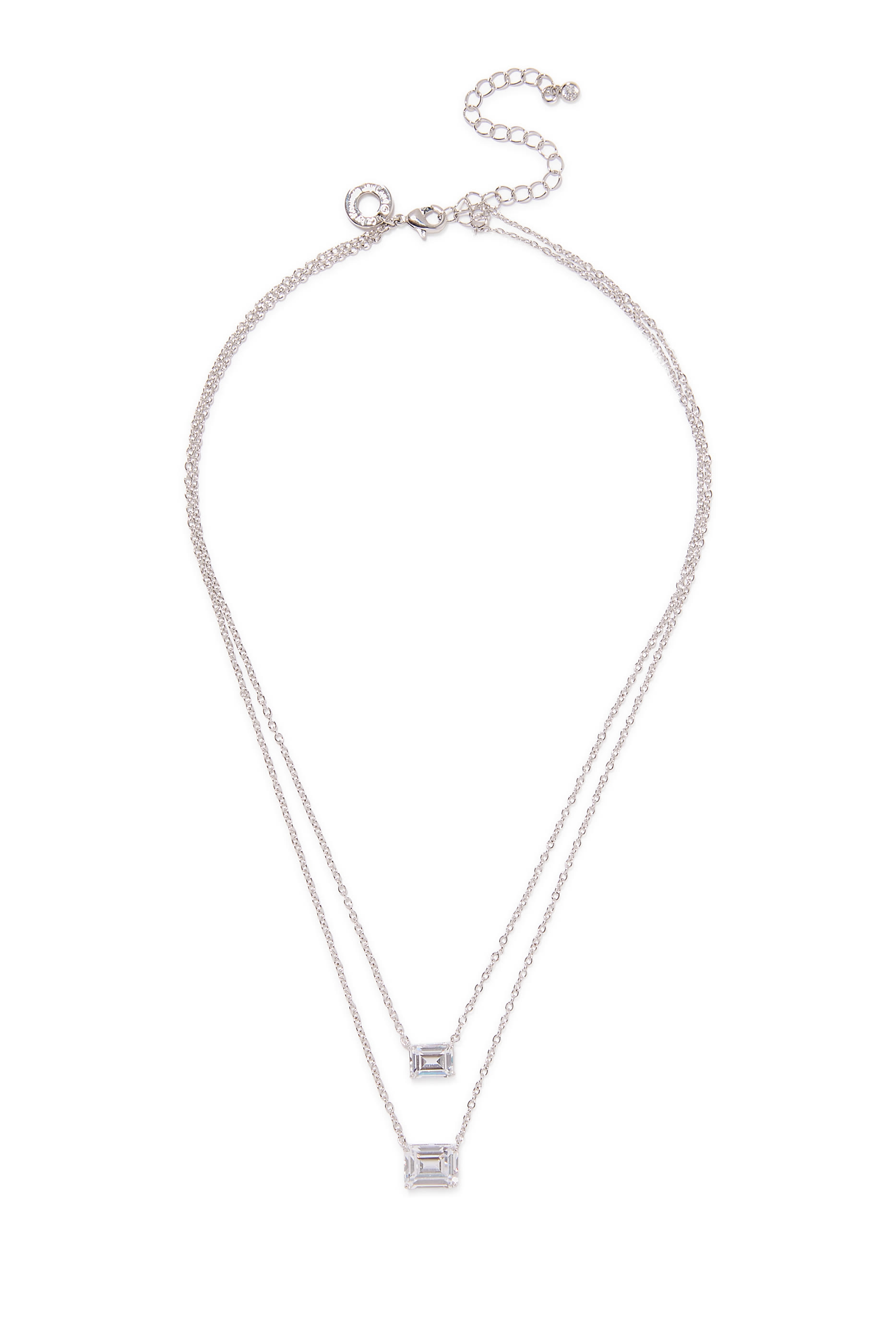  Double Layer Pendant Necklace, Rhodium-Plated Brass & Cubic Zirconia
