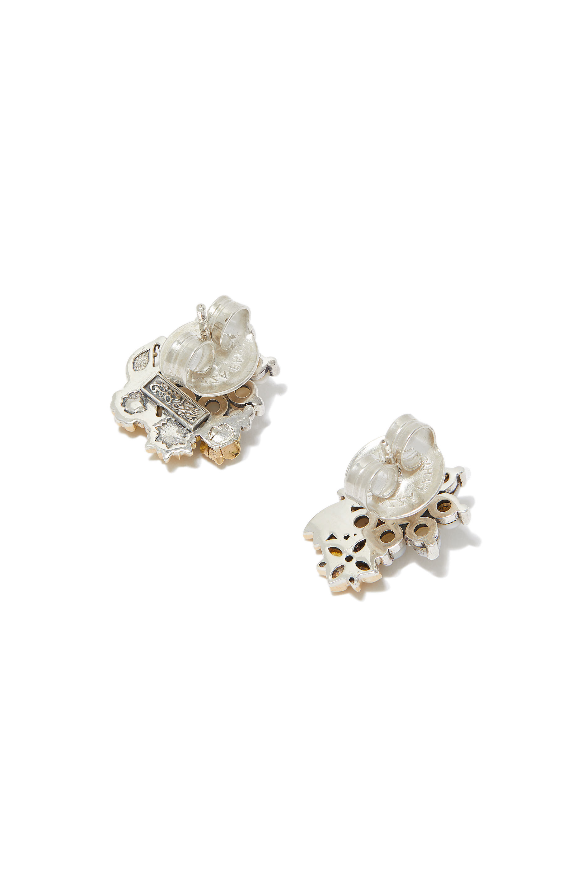 Mismatched Floral Earrings, Sterling Silver, 18K Yellow Gold & Pearl