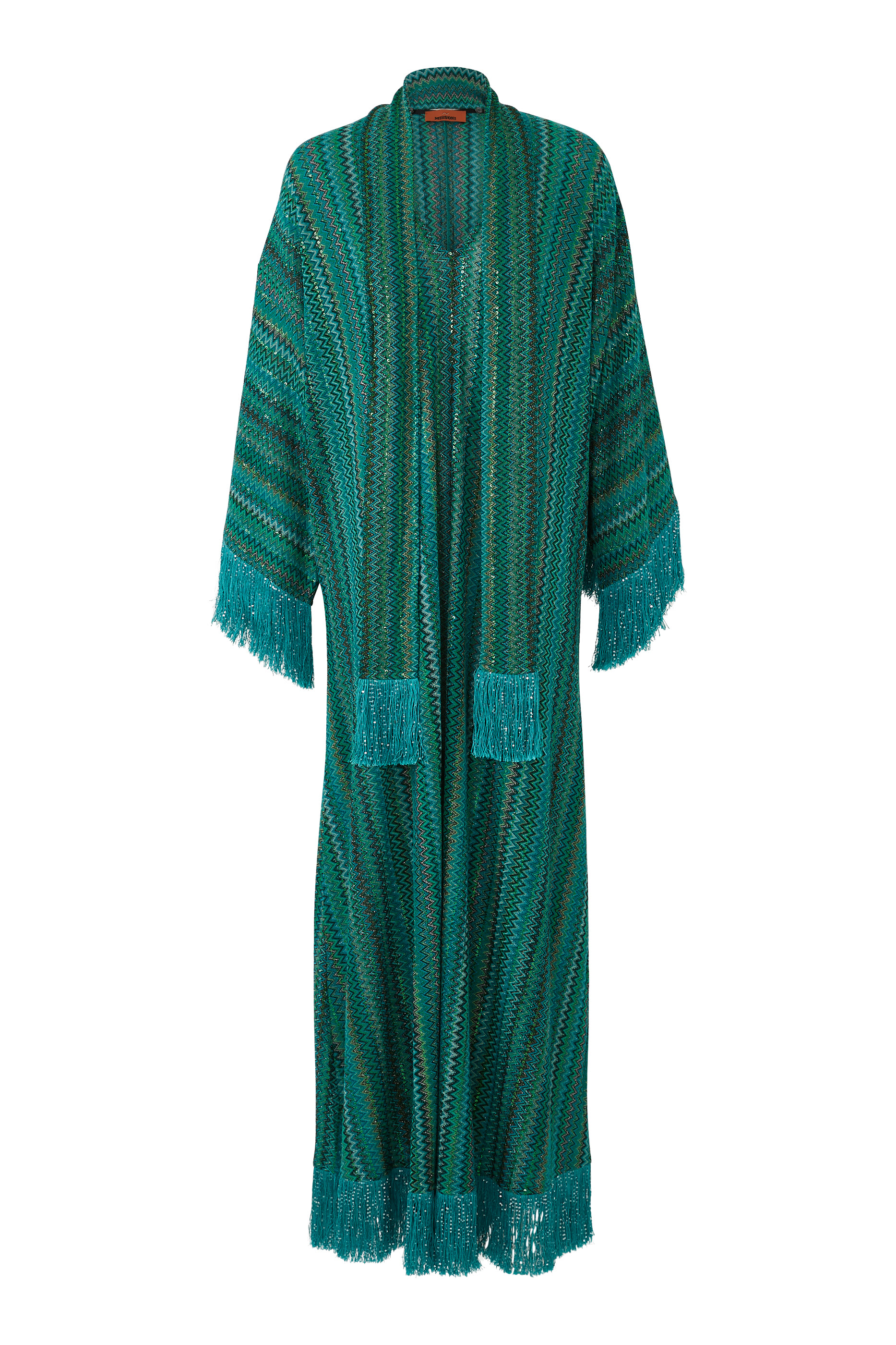 Exclusive Chevron Raschel Sequinned Fringed Scarf Maxi Kaftan