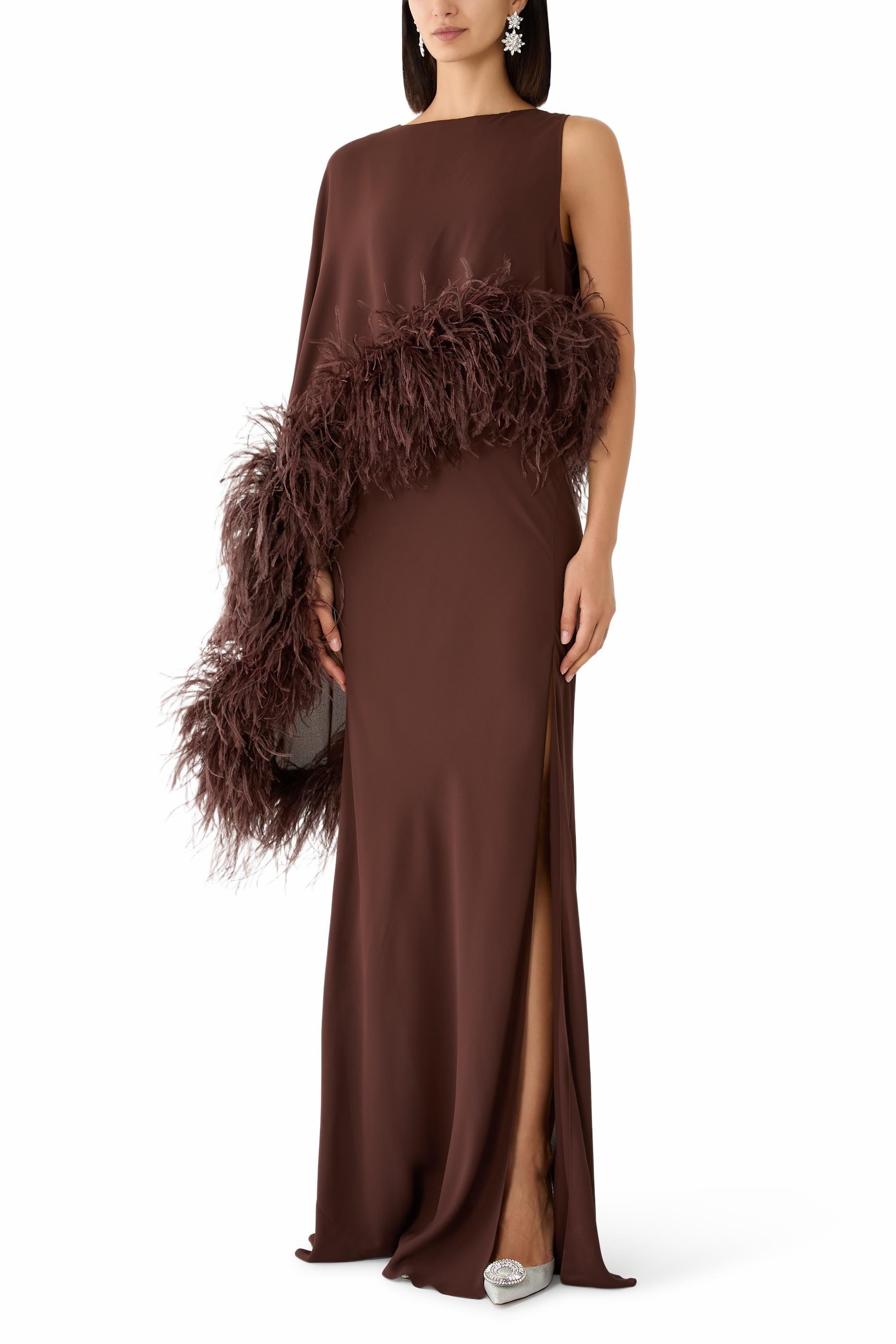 Feather-Embellished Asymmetric Draped Gown