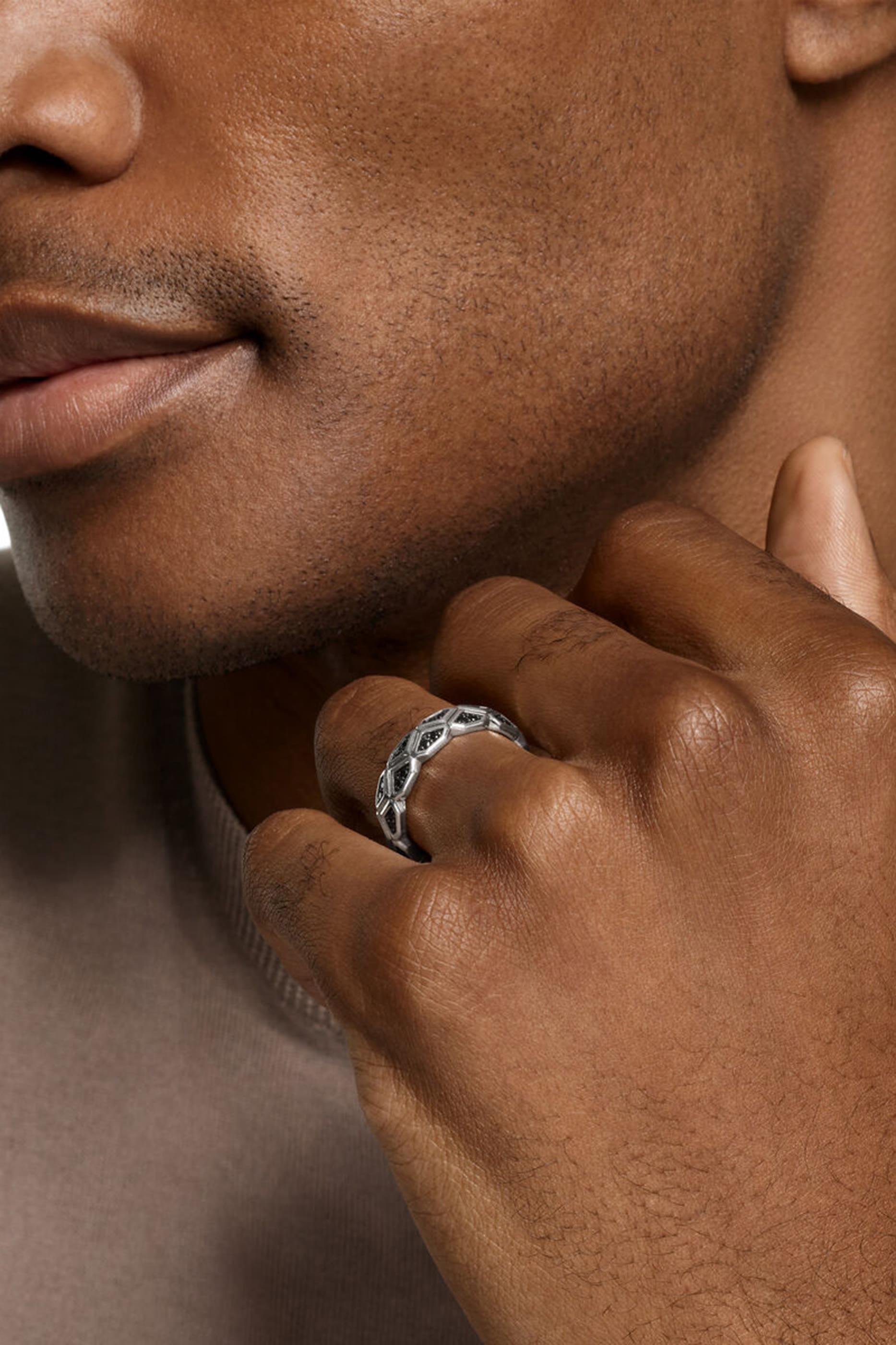 Hex Band Ring, Sterling Silver & Diamonds