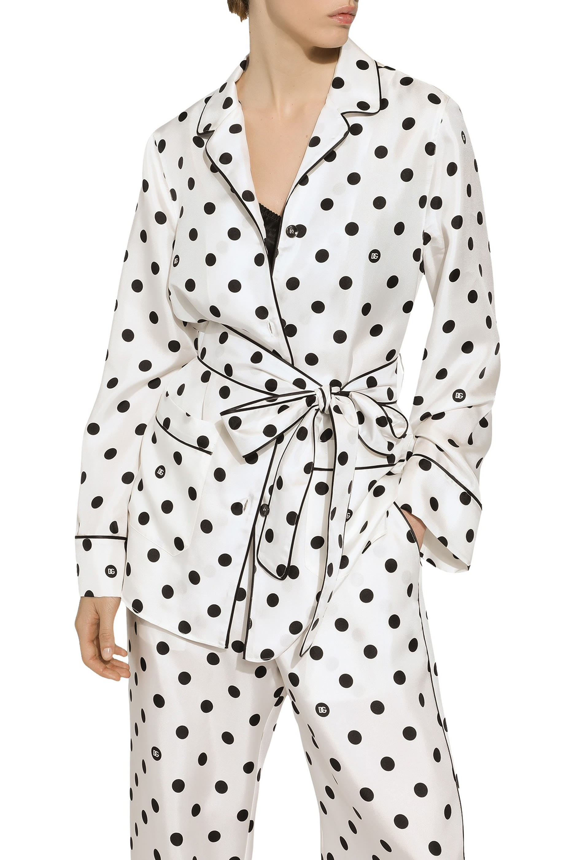 Polka-Dot Long-Sleeve Silk Pajama Shirt
