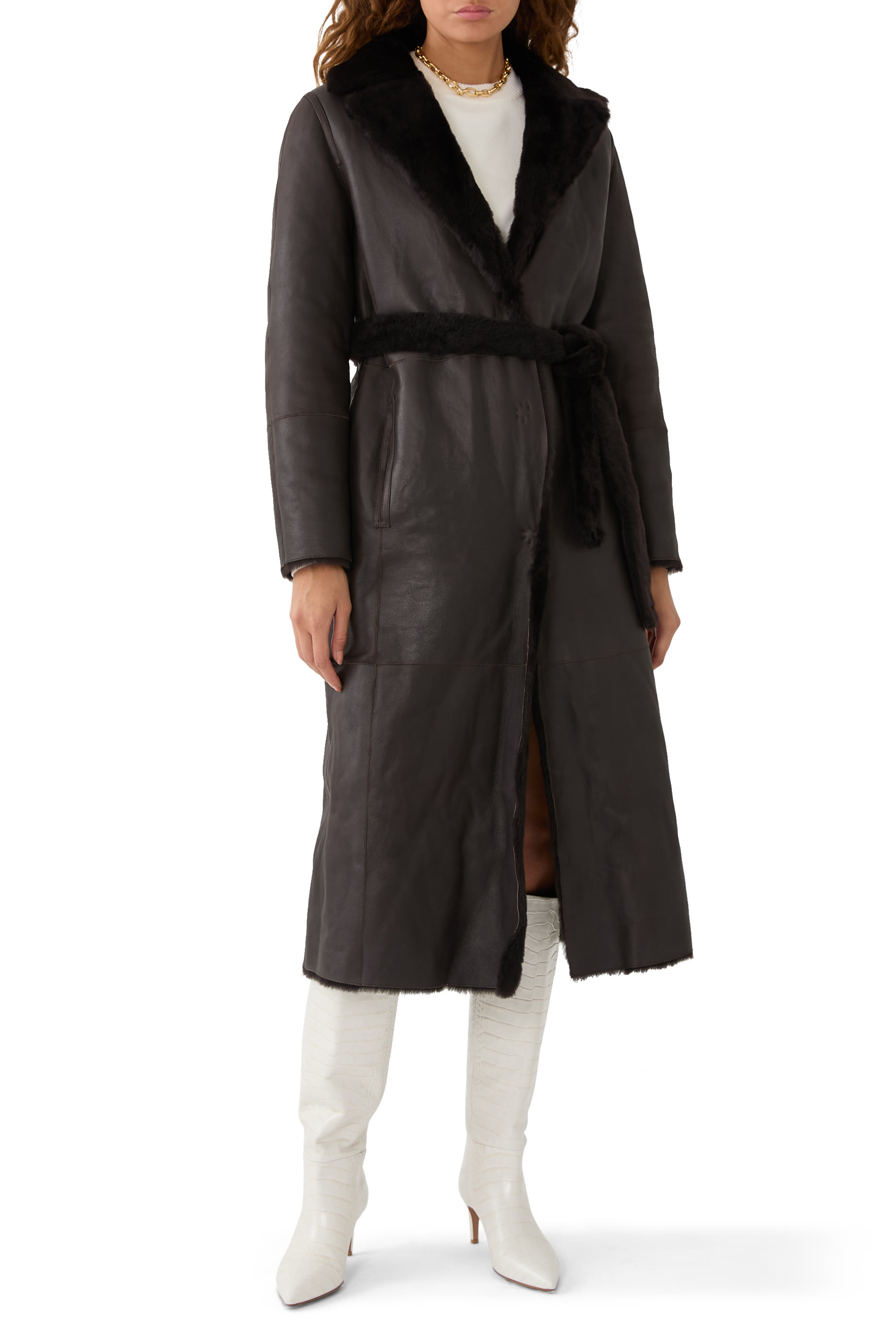 Long Reversible Belted Shearling Coat