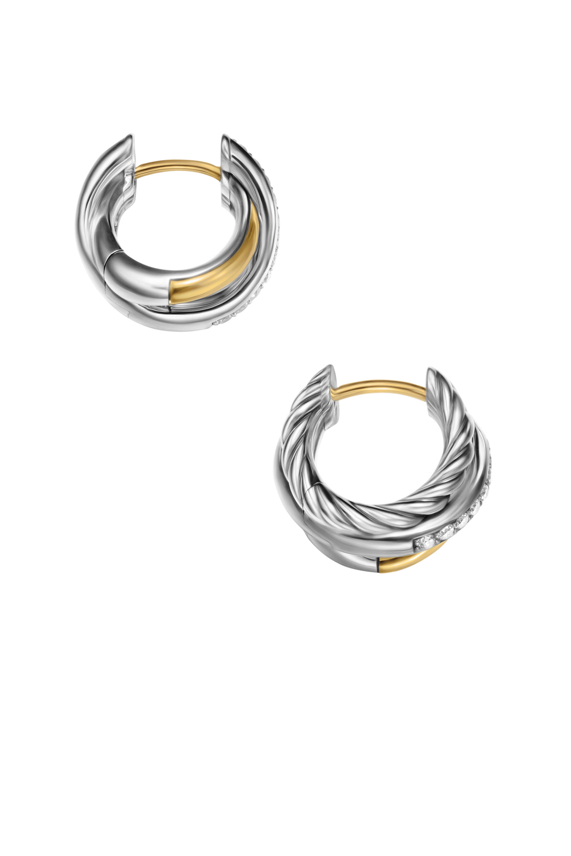 Crossover Three-Row Huggie Hoop Earrings, 18k Yellow Gold, Sterling Silver & Diamonds