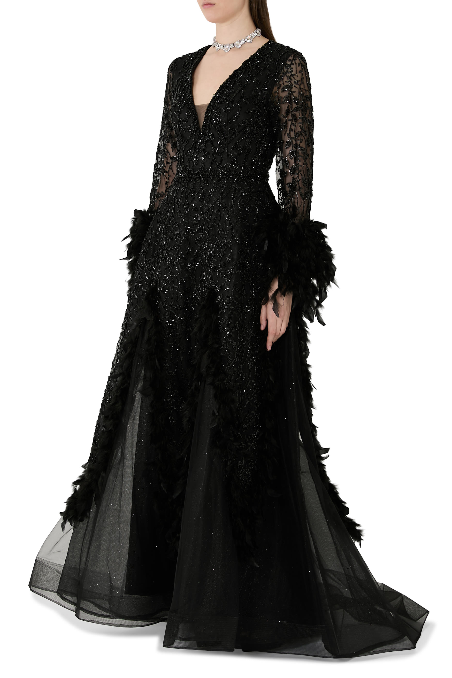  Beaded Long Sleeve Gown