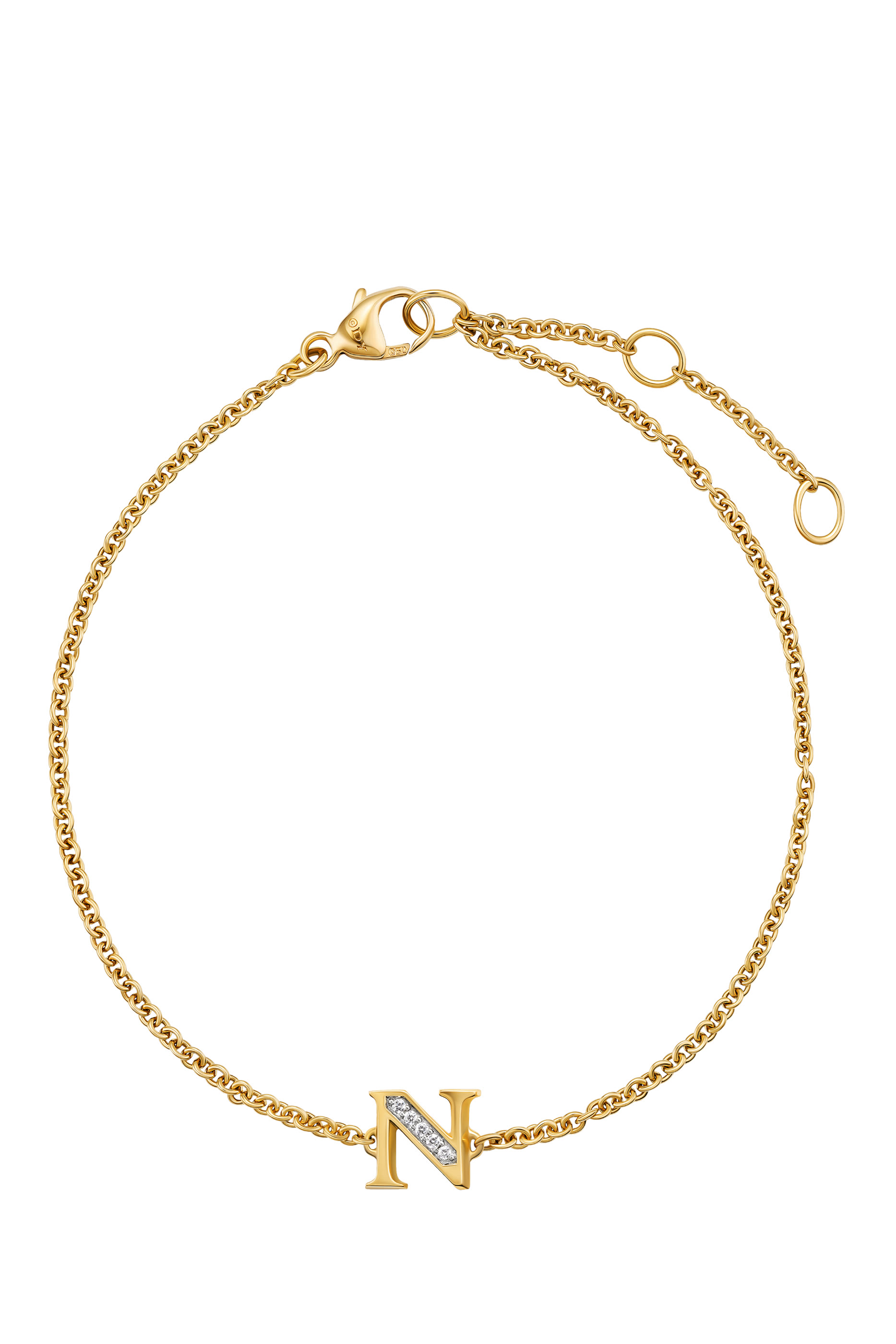 Petite Pavé N Initial Chain Bracelet, 18k Yellow Gold & Diamonds