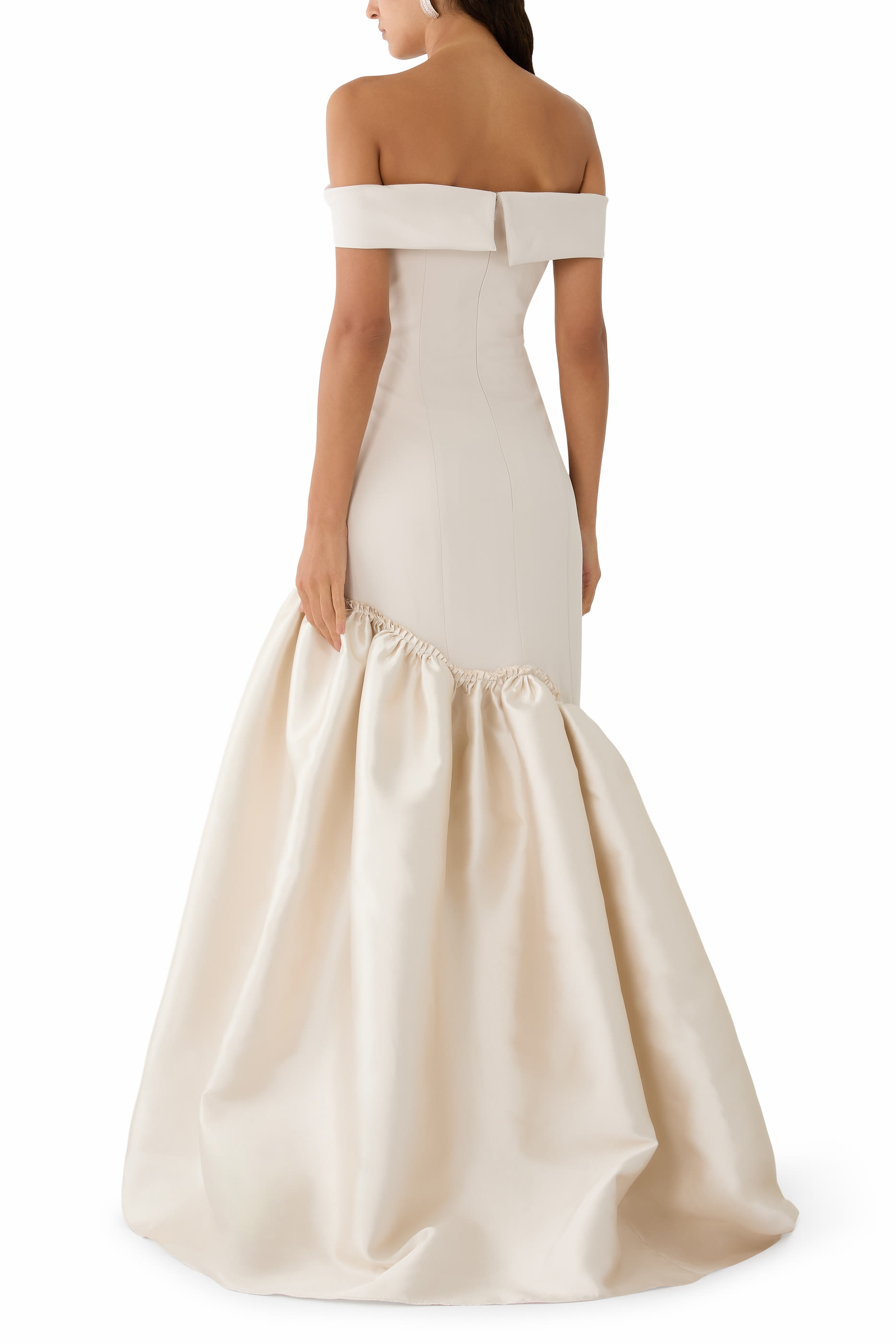 Off-Shoulder Slim Cut Crepe Gown With Asymmetrical Trumpet Mikado Skirt