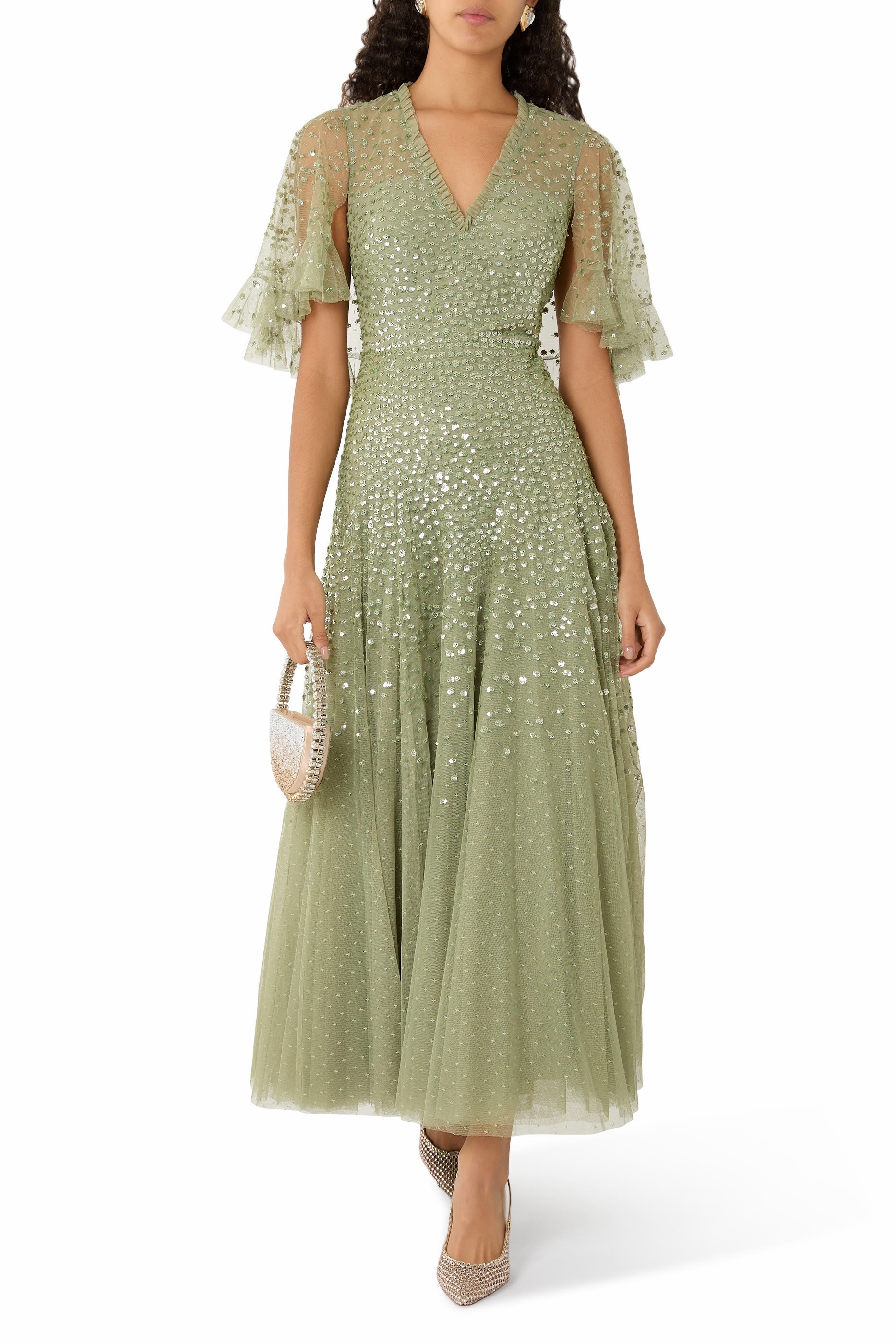Dappled Sequin Cape Ankle Gown