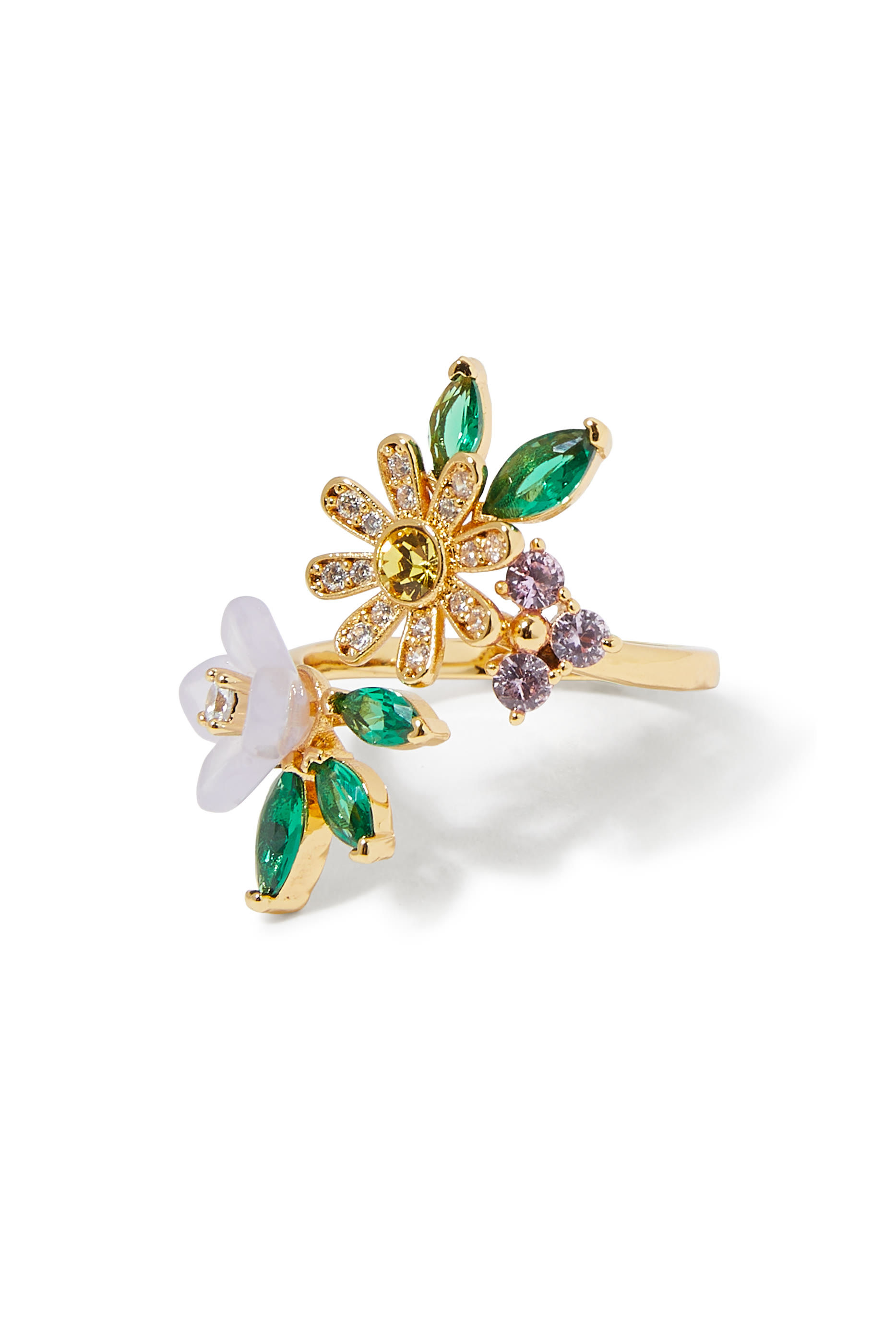 Bursting Blooms Wrap Ring, Brass & Cubic Zirconia, Czech Glass Stone, Resin