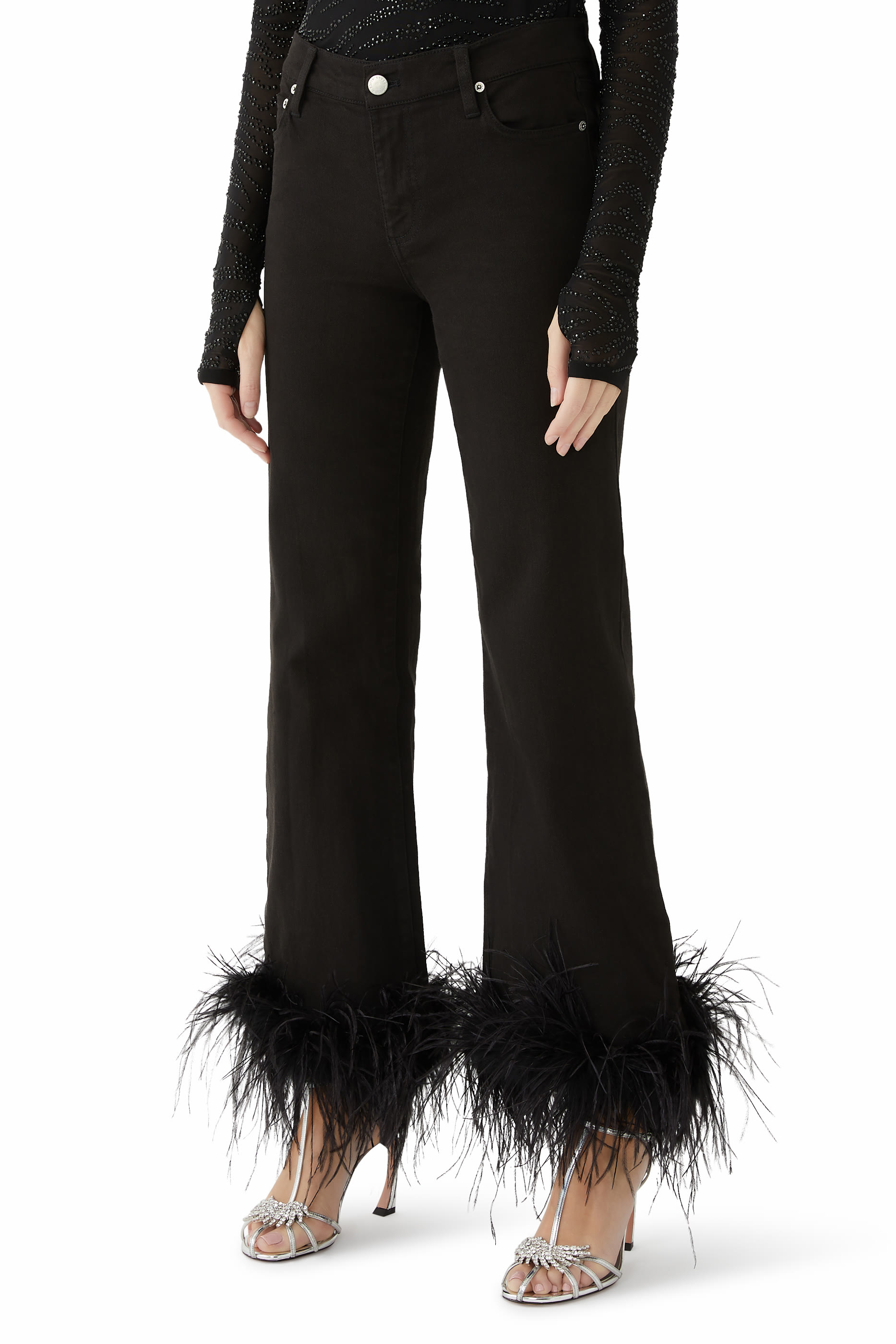 Feather-Cuff Roxie Flared Jeans