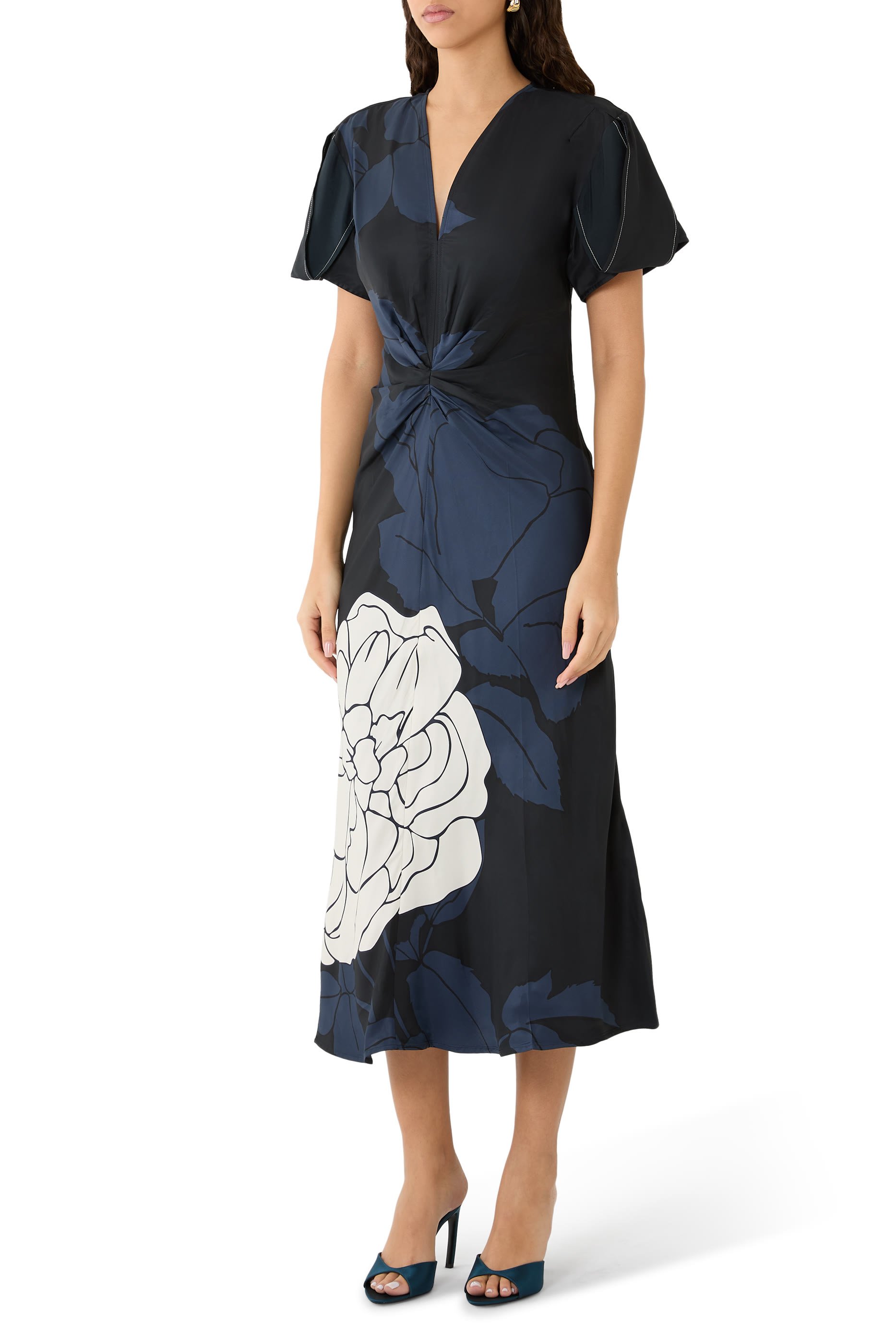 Gathered V-Neck Midi Dress