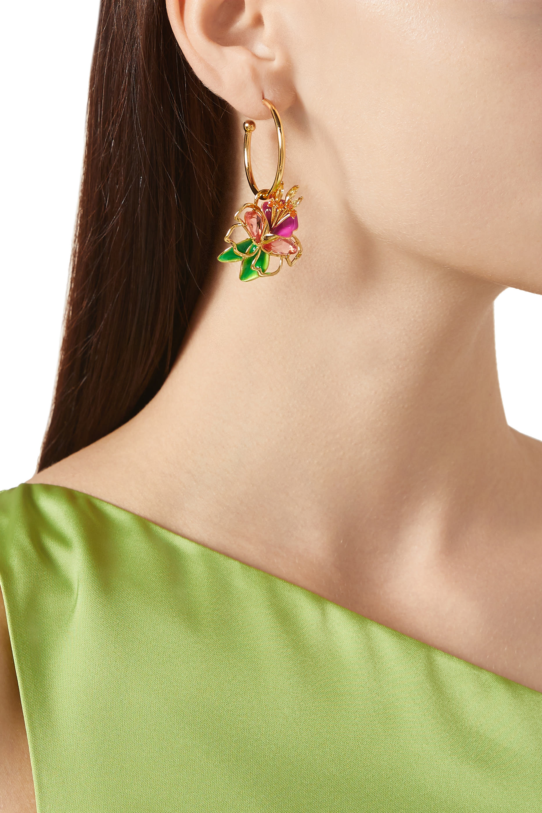 Paradise Floral Charm Hoops, Plated Metal & Cubic Zirconia, Glass Stone, Enamel, Titanium Posts