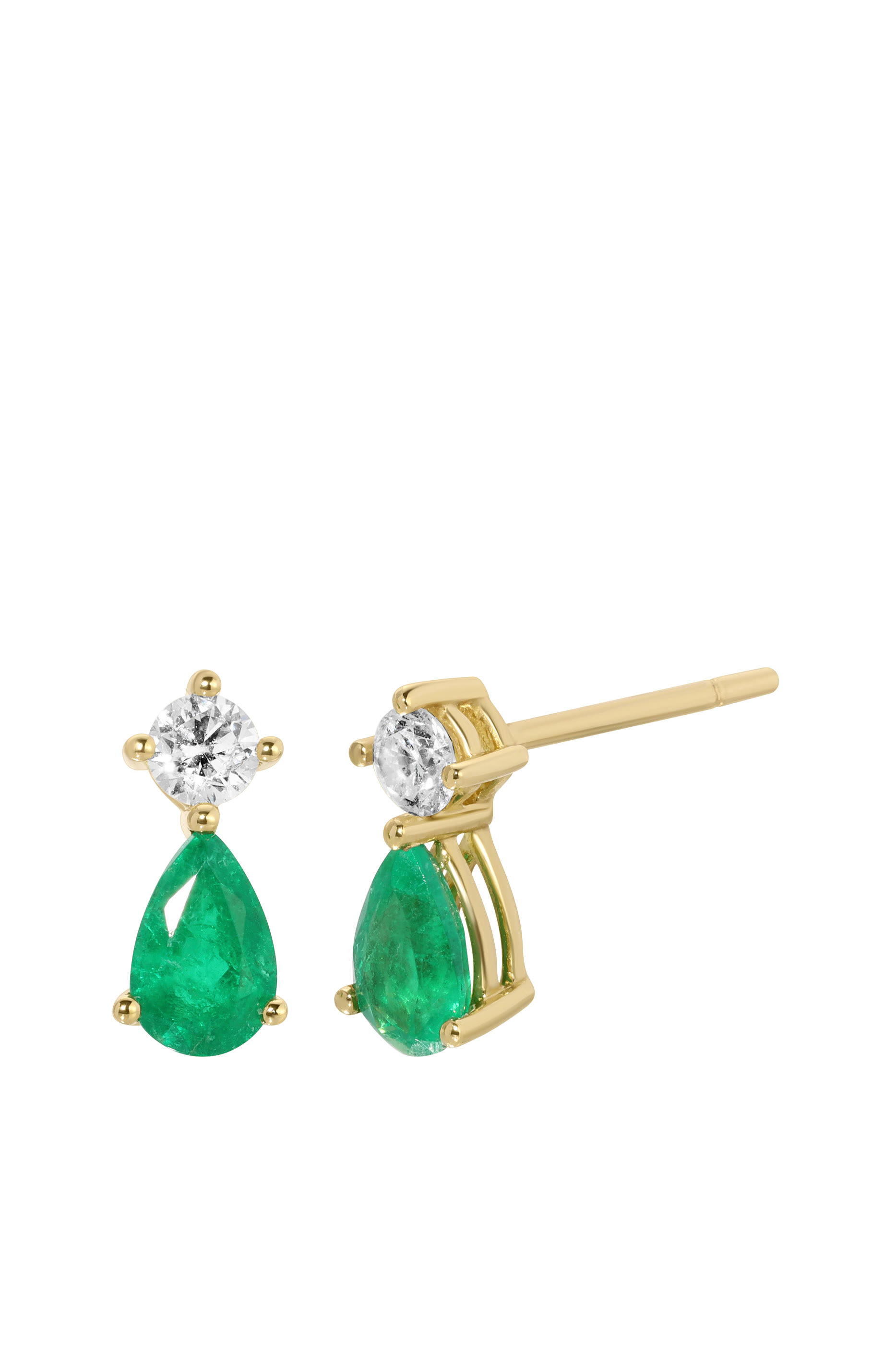 Emerald Violet Stud Earrings, 18k Yellow Gold, Pear Emeralds & Diamonds