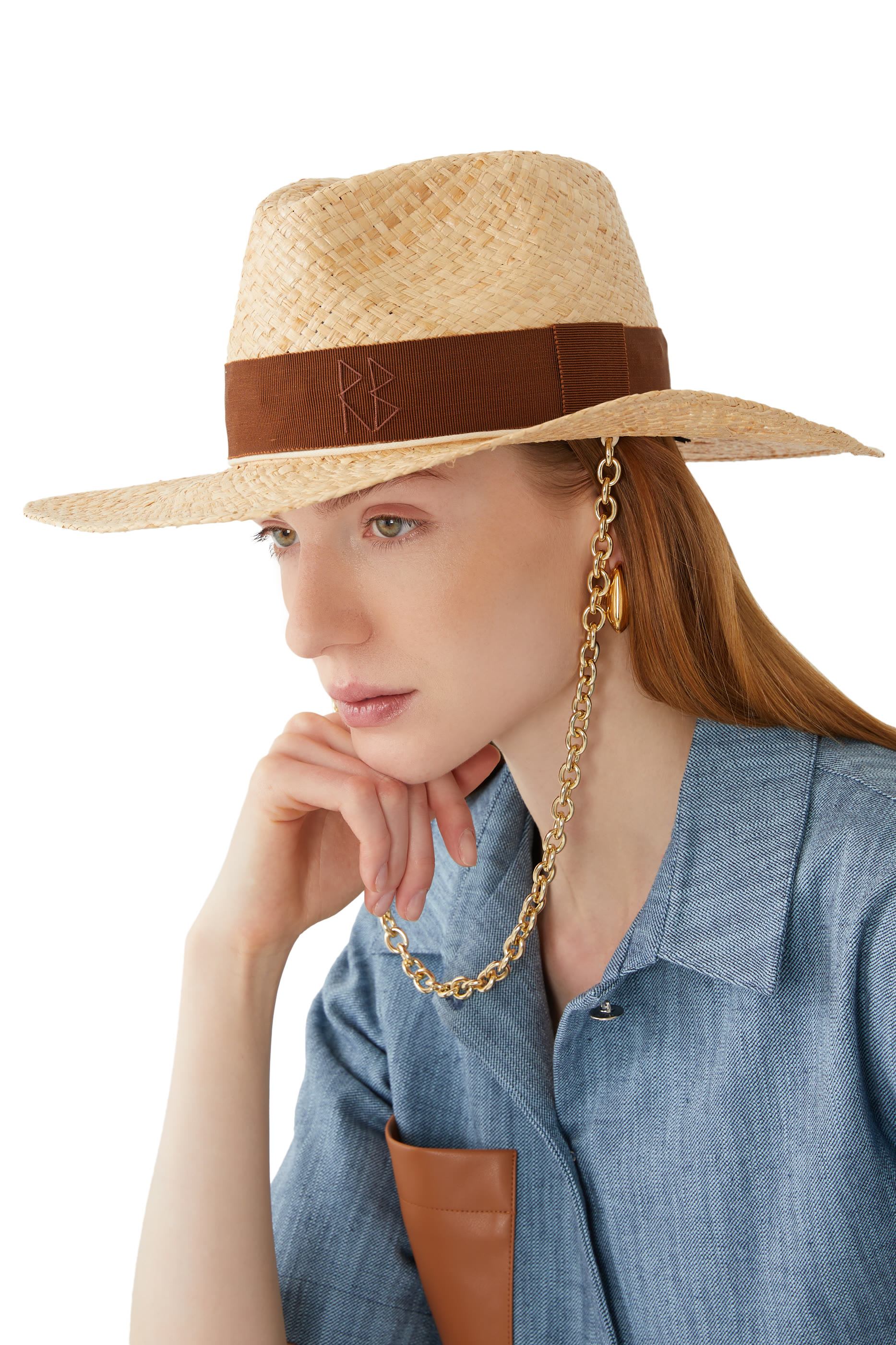 Monogram-Embellished Chain Strap Straw Fedora Hat