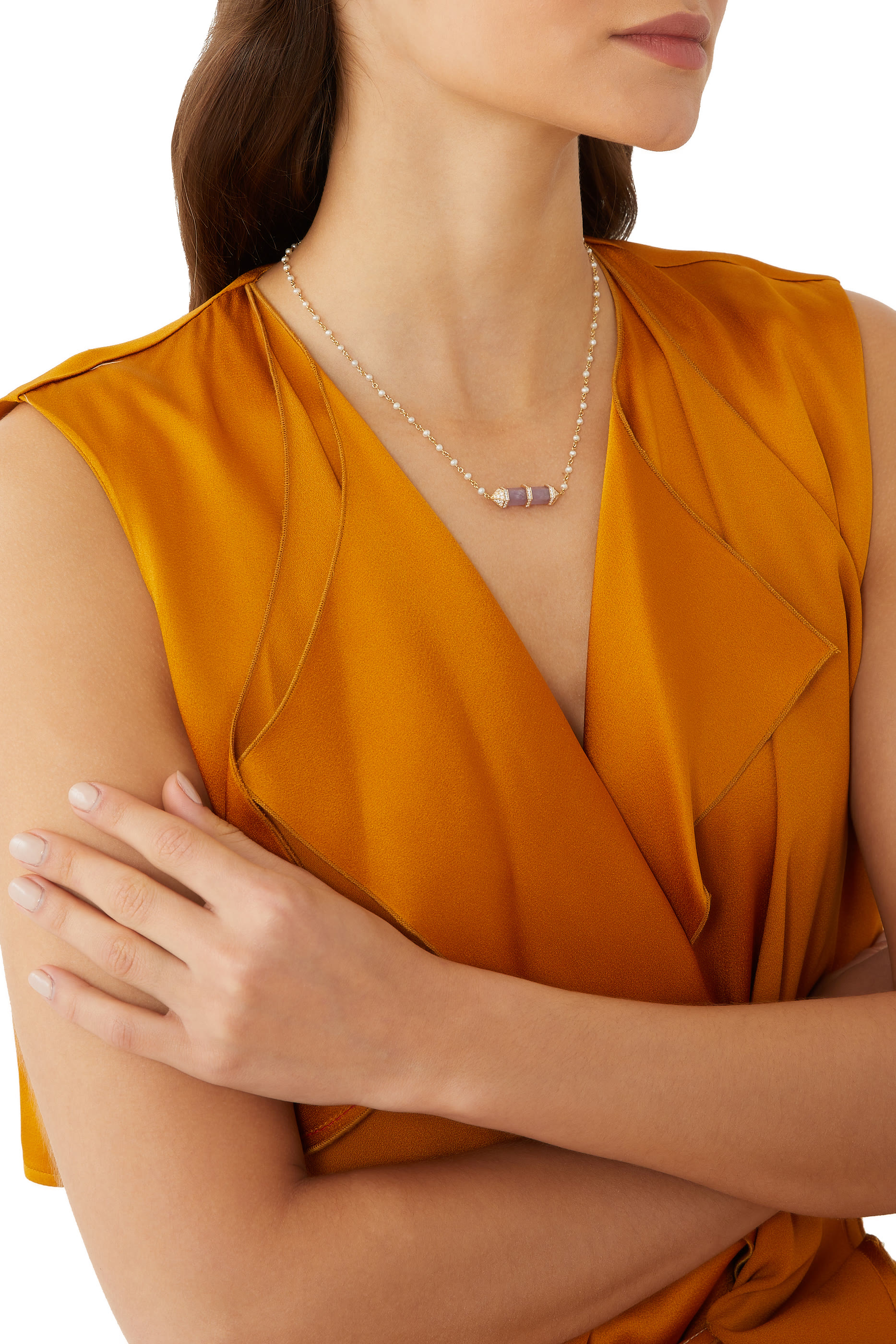 Chakra Medium Horizontal Necklace, 18k Yellow Gold with Diamonds & Amethyst