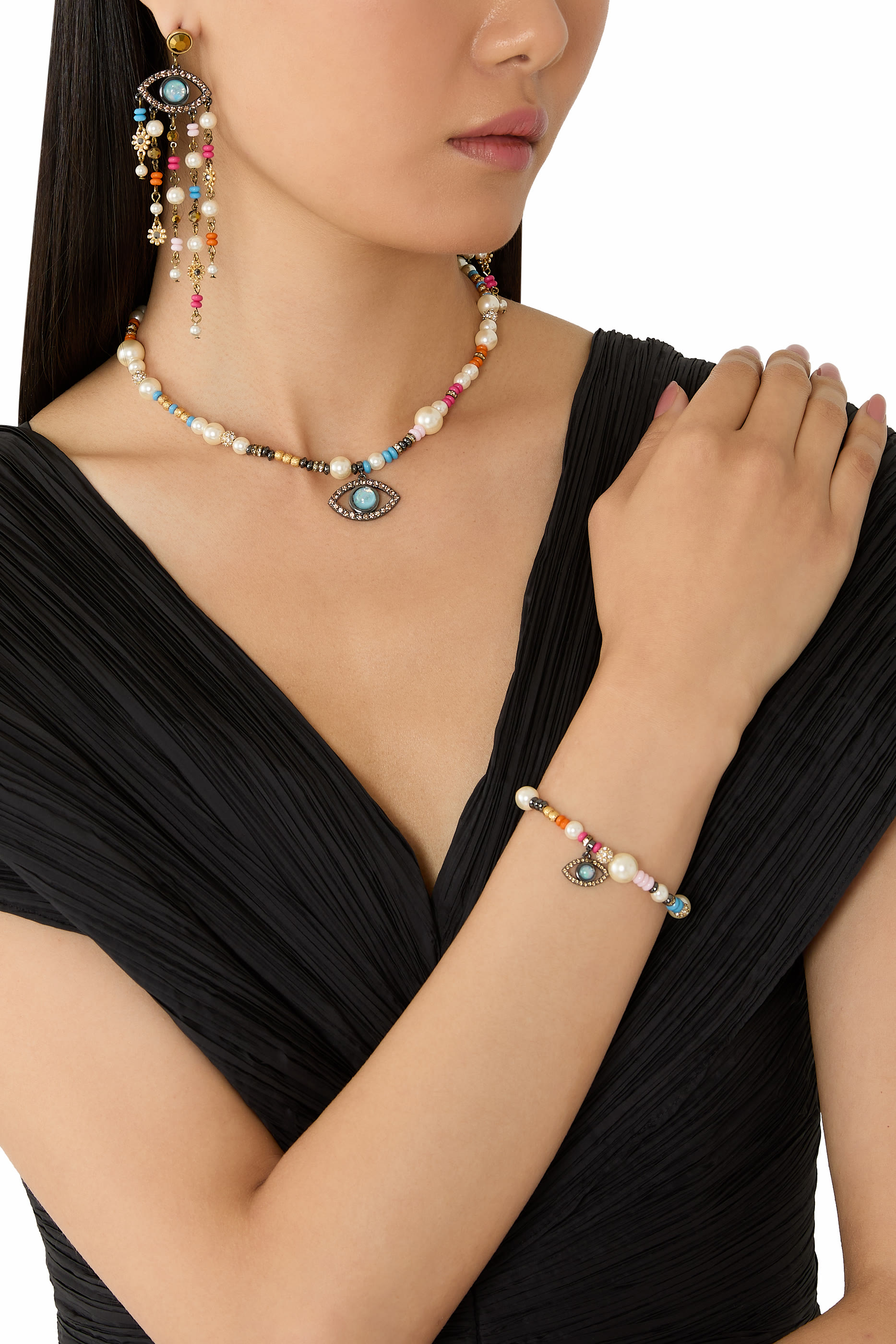 Beaded Eye Earrings, Brass & Faux Pearls, Crystals, Floral Motifs