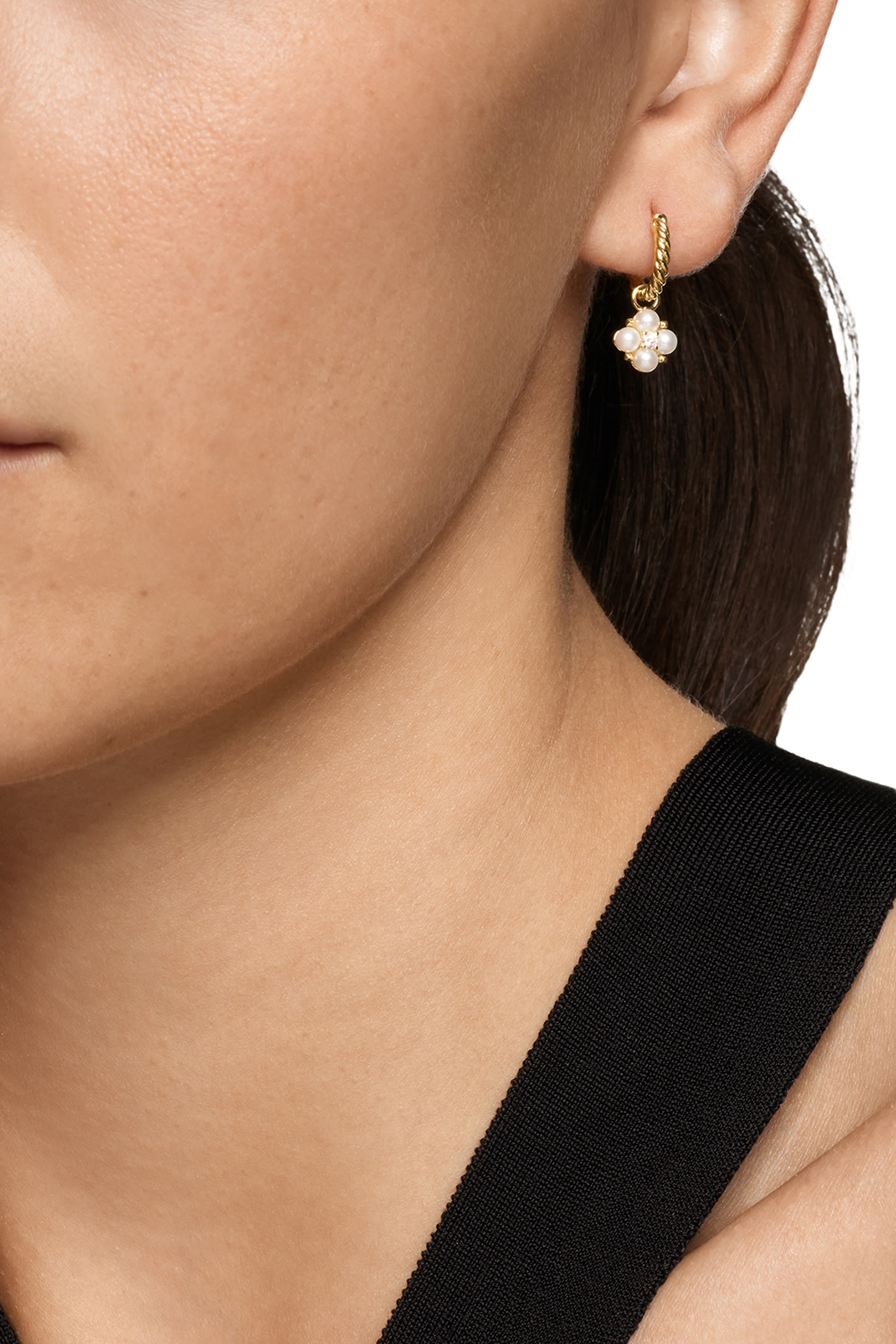 Petite Modern Renaissance Pearl Drop Earrings, 18K Yellow Gold with Akoya White Pearls & Diamonds