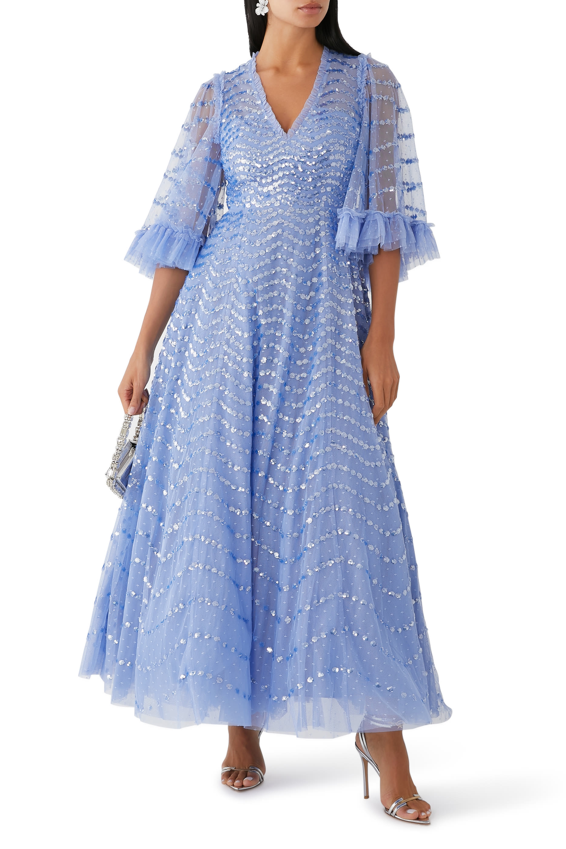 Shimmer Wave Gloss V-Neck Ankle Gown