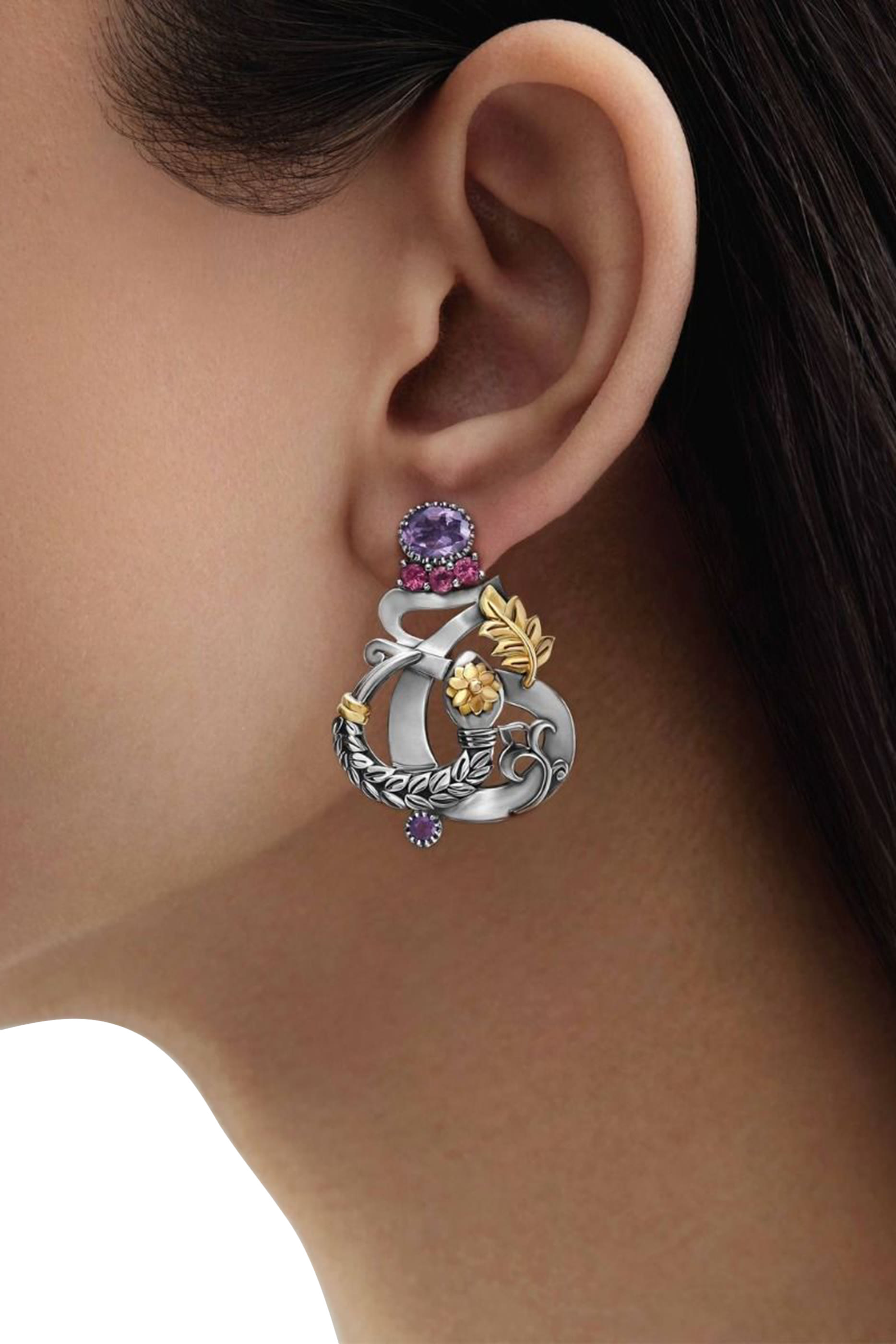 Revival Love and Rebirth Single Earring, 18k Yellow Gold, Sterling Silver & Amethyst