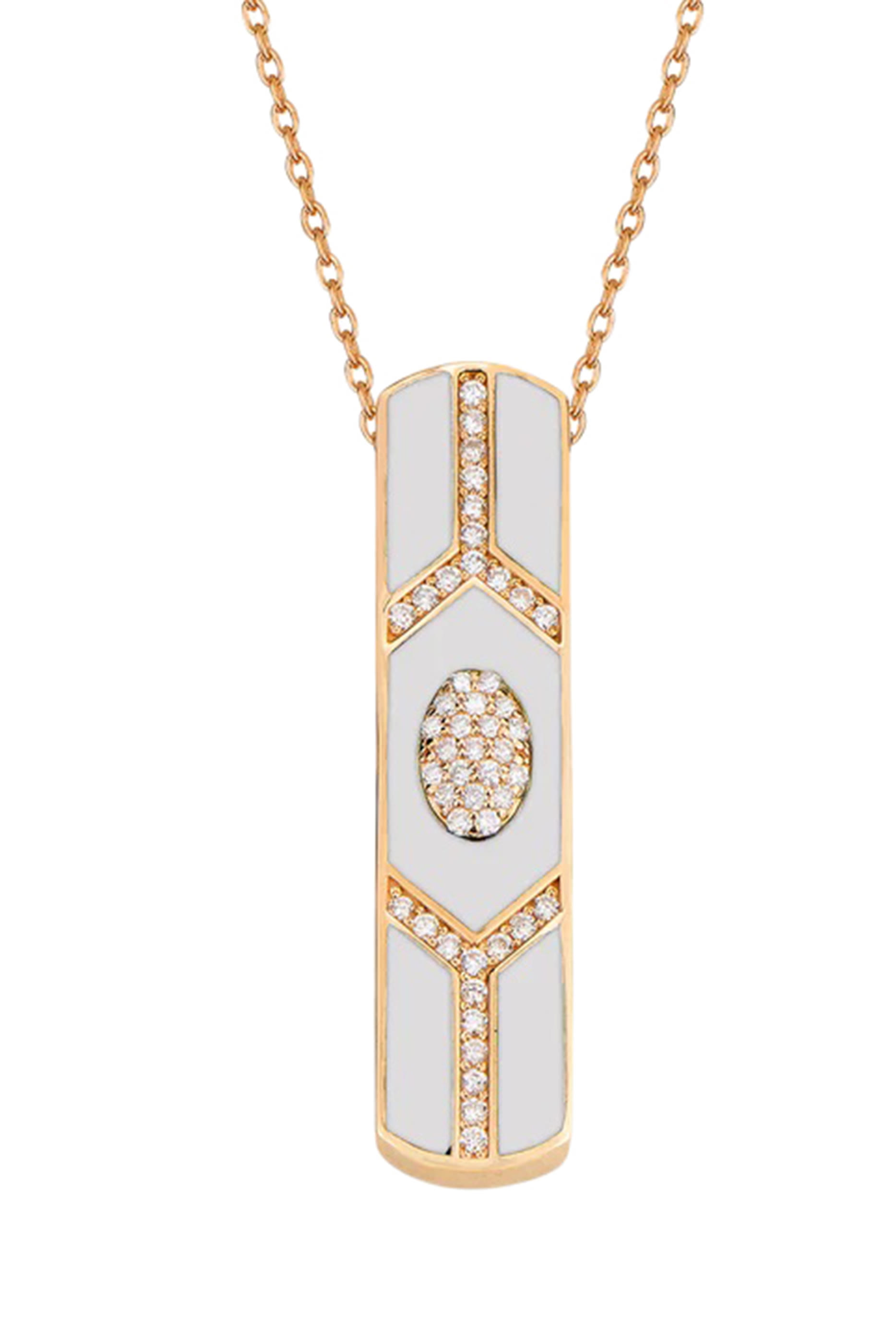 Shield Pendant, 18k Pink Gold with White Enamel & Diamonds