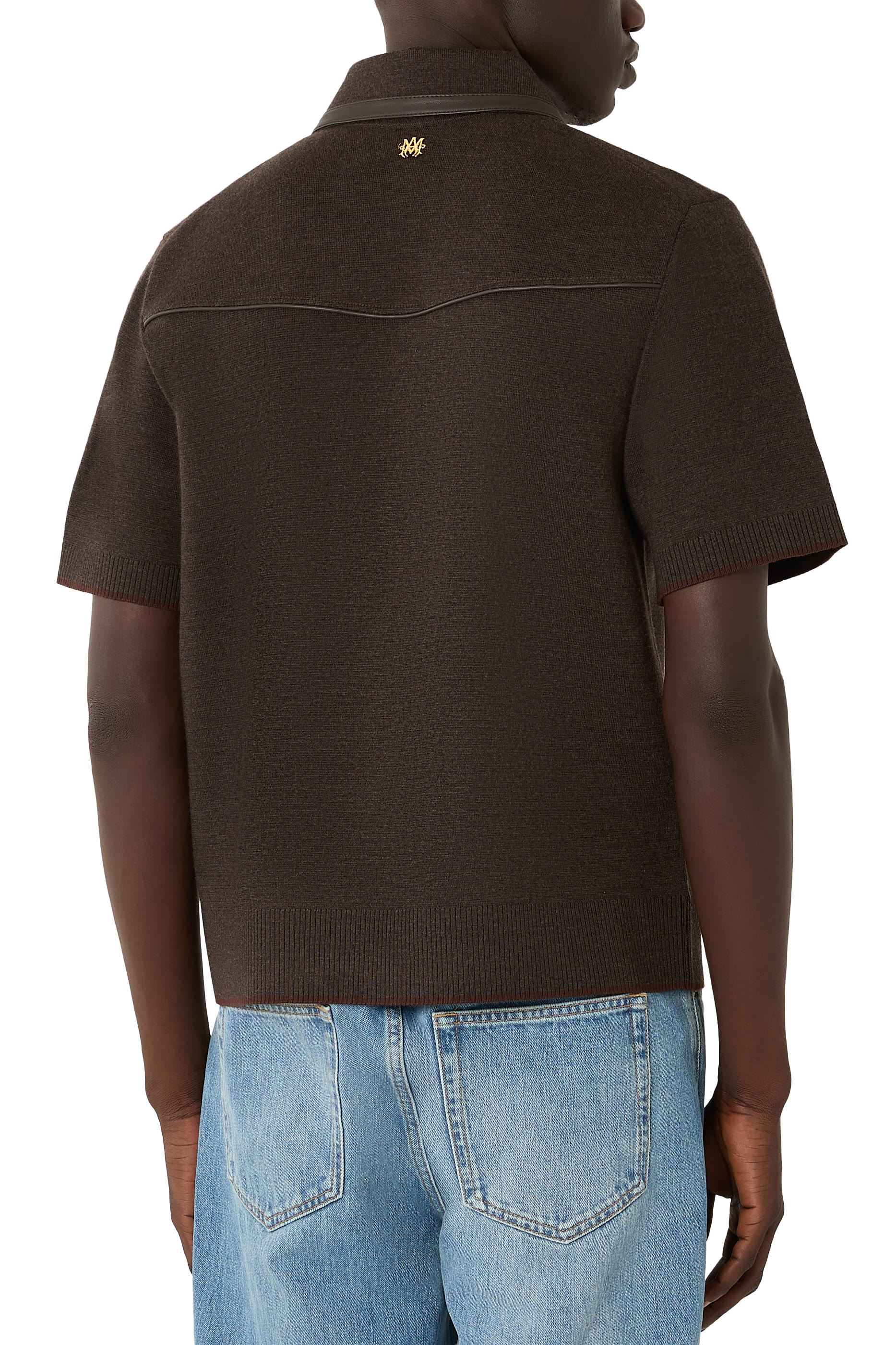 Leather Trim Knit Zipped Polo