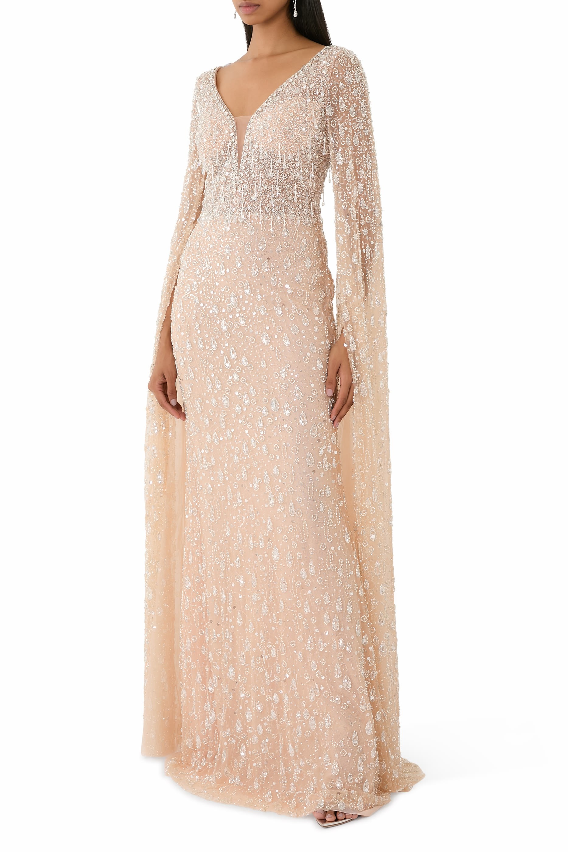 Embellished Gown with Deep V-Neck and Cape Sleeves