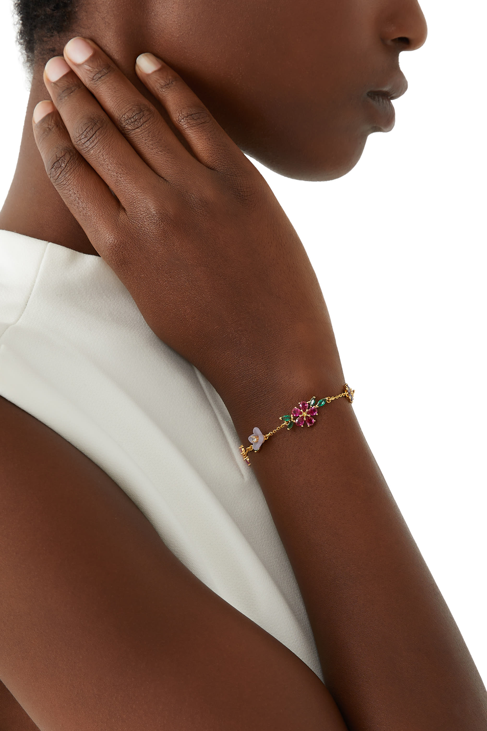 Busting Blooms Bracelet, Brass & Cubic Zirconia, Czech Glass Stone, Resin