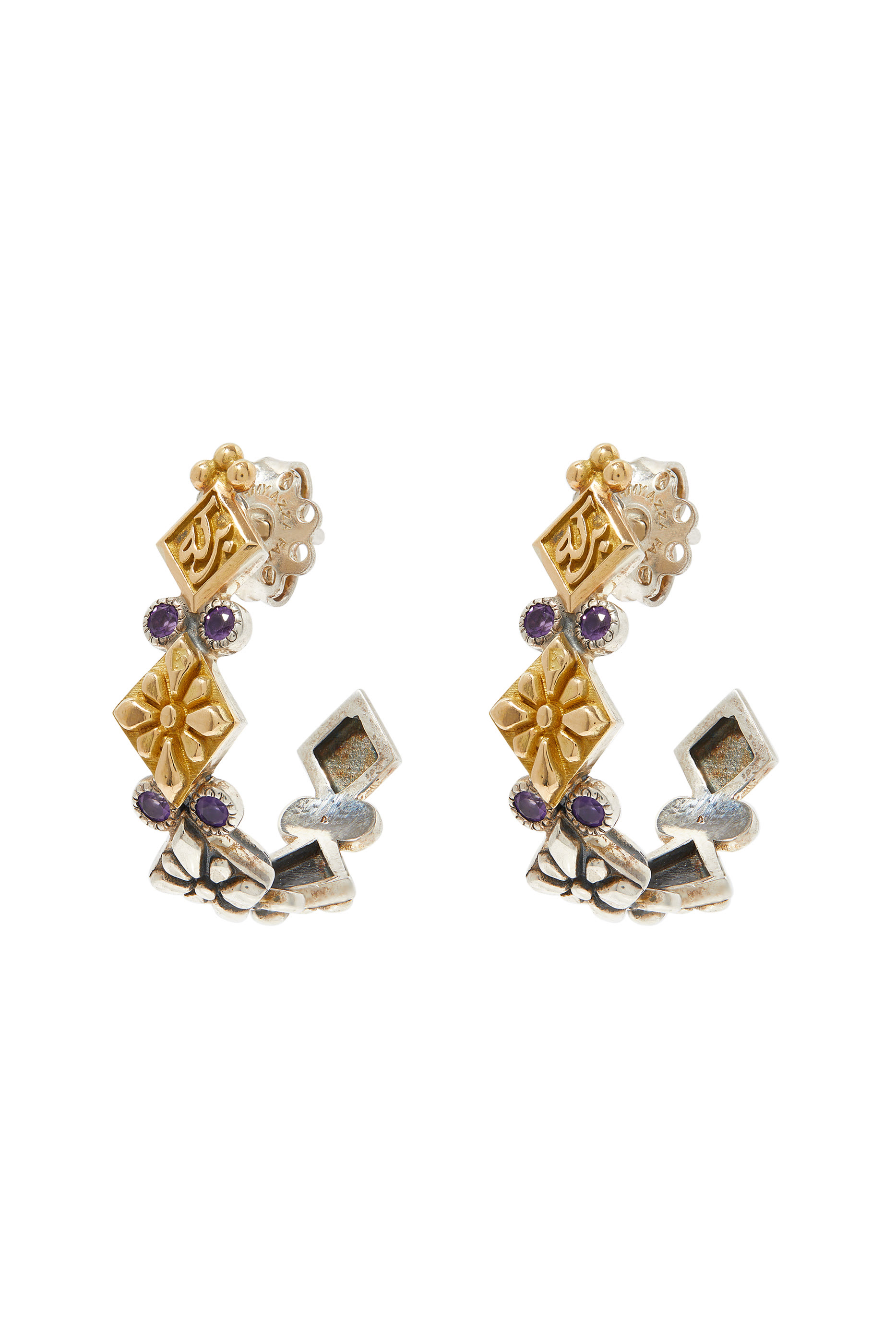Floral Tribal Earrings, 18K Yellow Gold, Sterling Silver & Amethyst