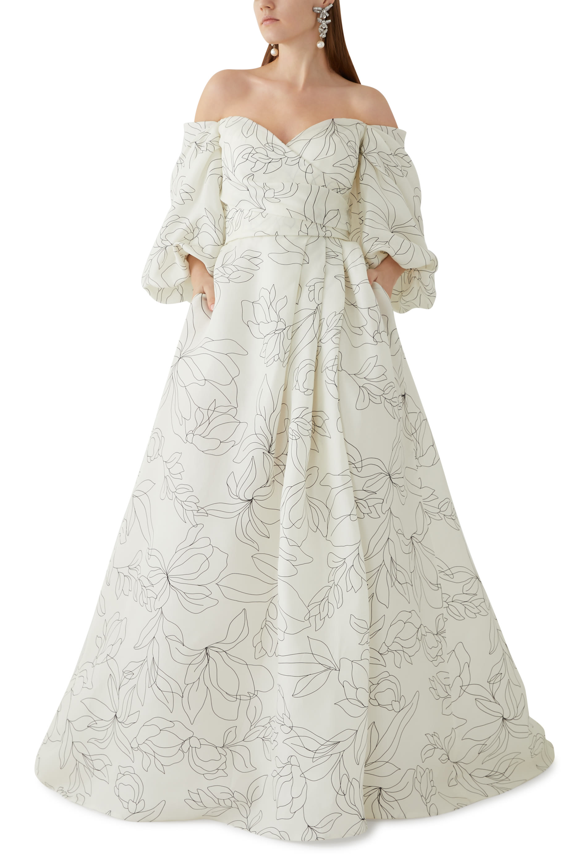 Off-The-Shoulder Floral Blouson-Sleeve Ball Gown
