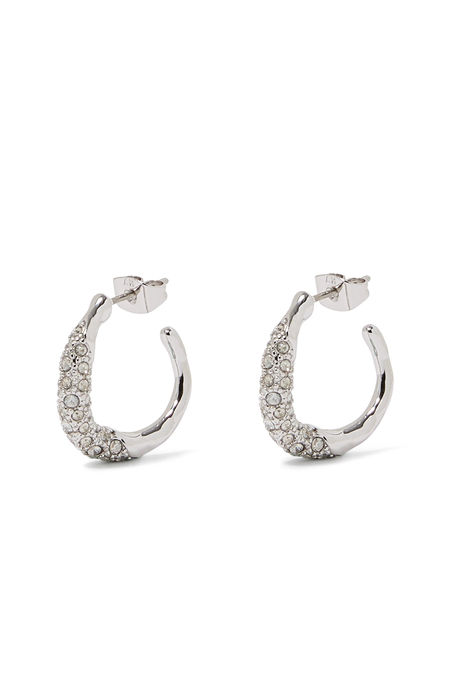 Solanales Crystal Twist Mini Hoop Earrings, Rhodium Tone Plated Brass & Crystals