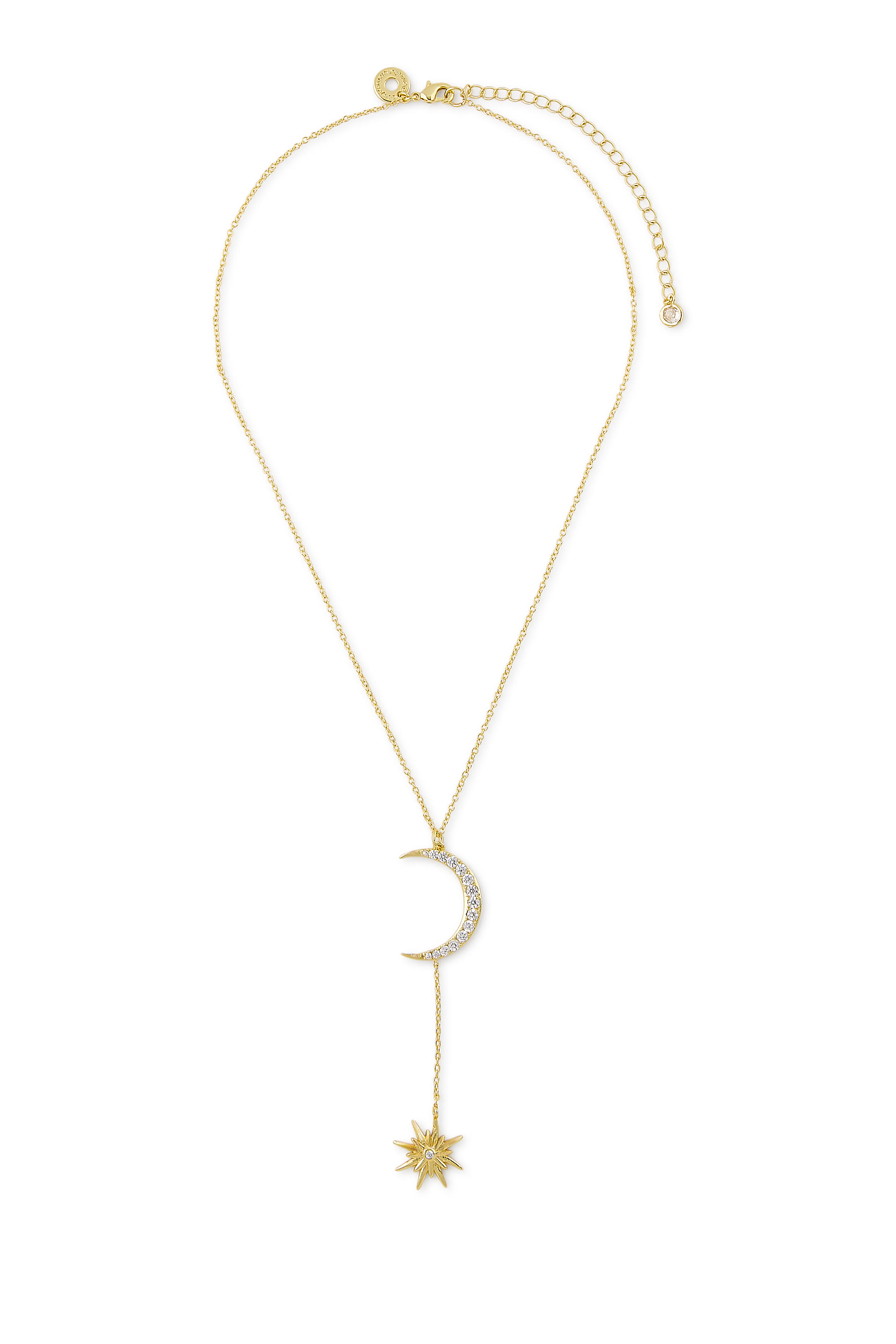 Celestial Moon and Star Necklace, Yellow Gold Plated Brass & Cubic Zirconia