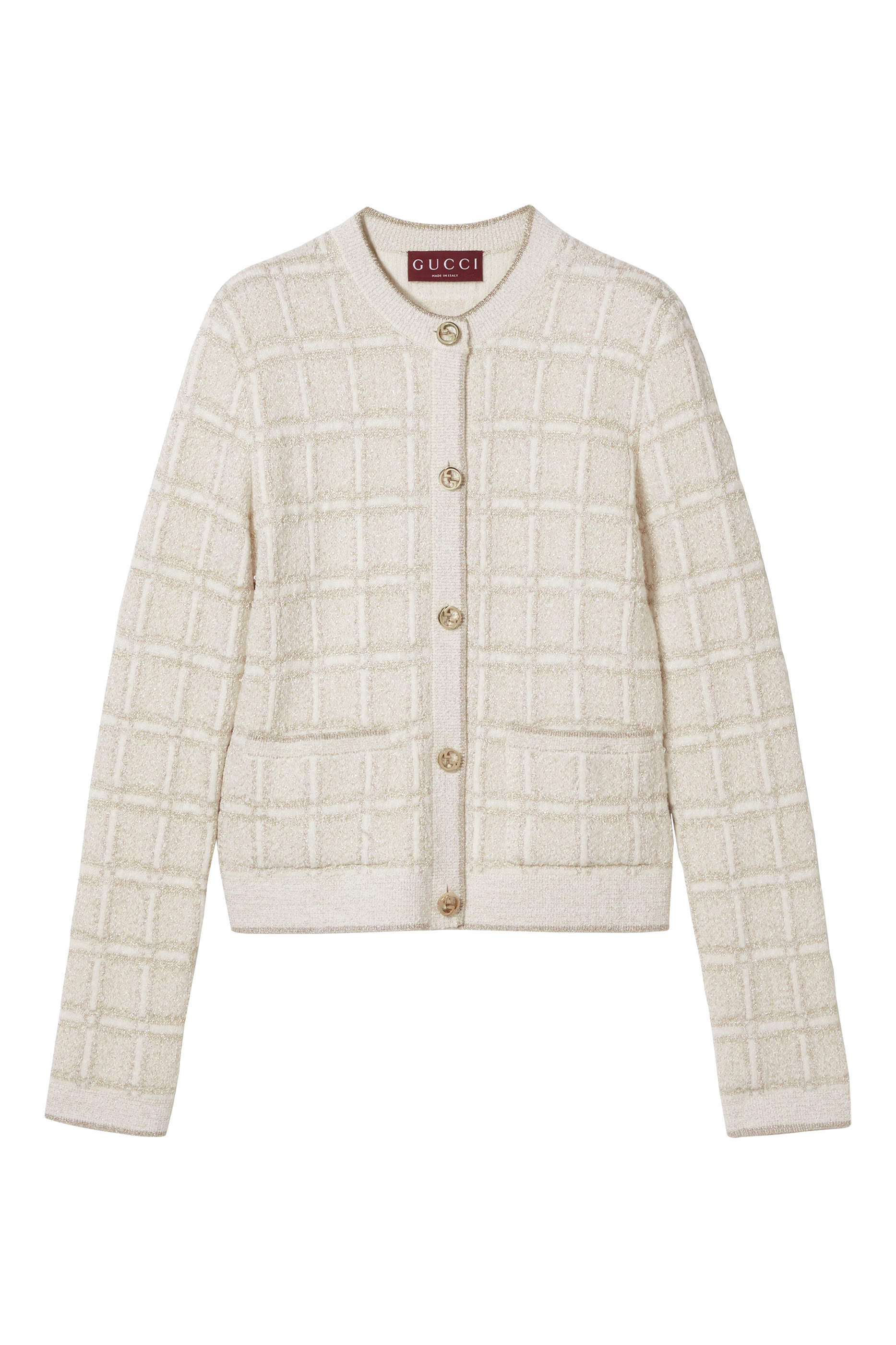 Check Jacquard Wool and Lam&eacute;  Cardigan