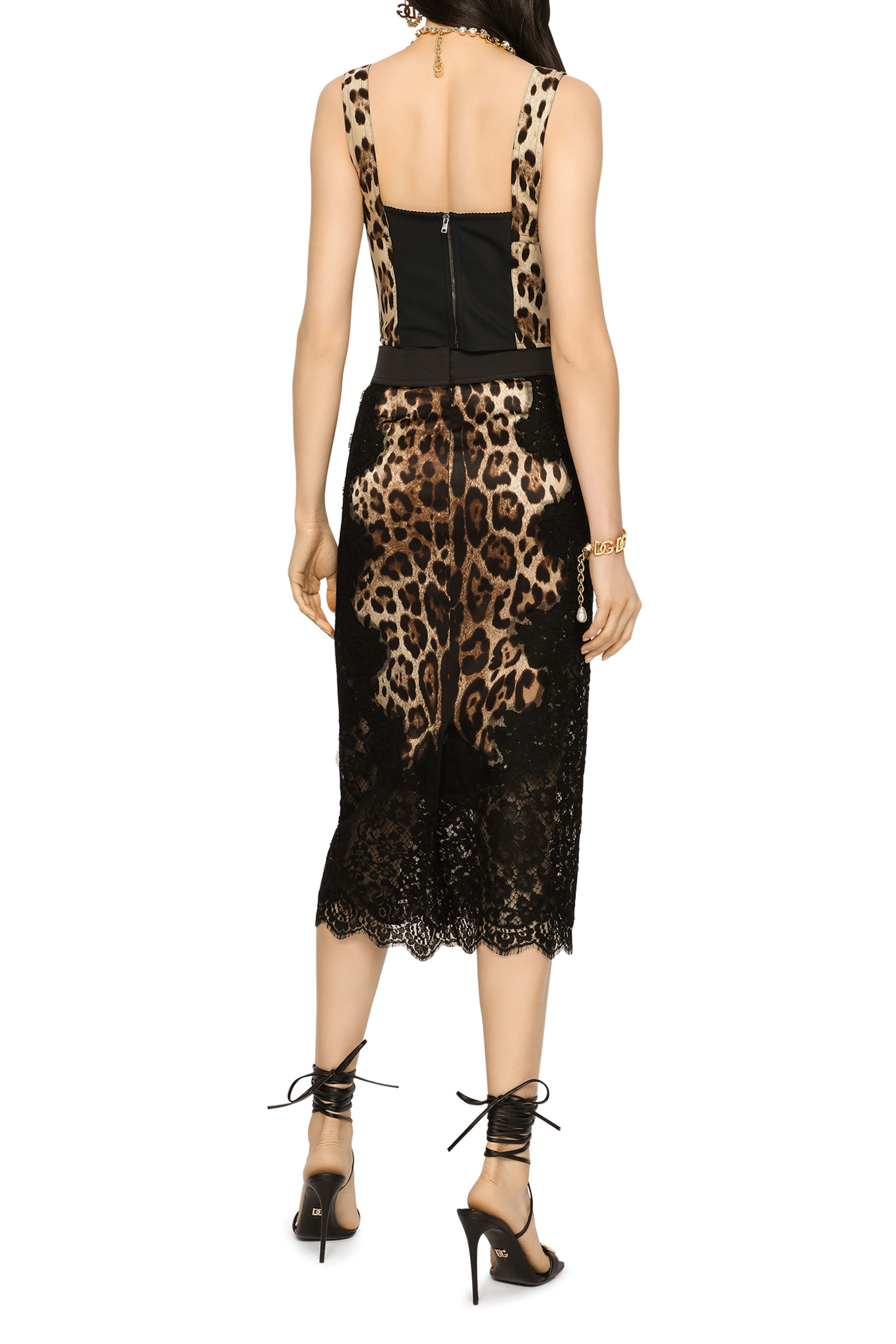 Leopard-Print Satin Midi Skirt with Lace Inserts