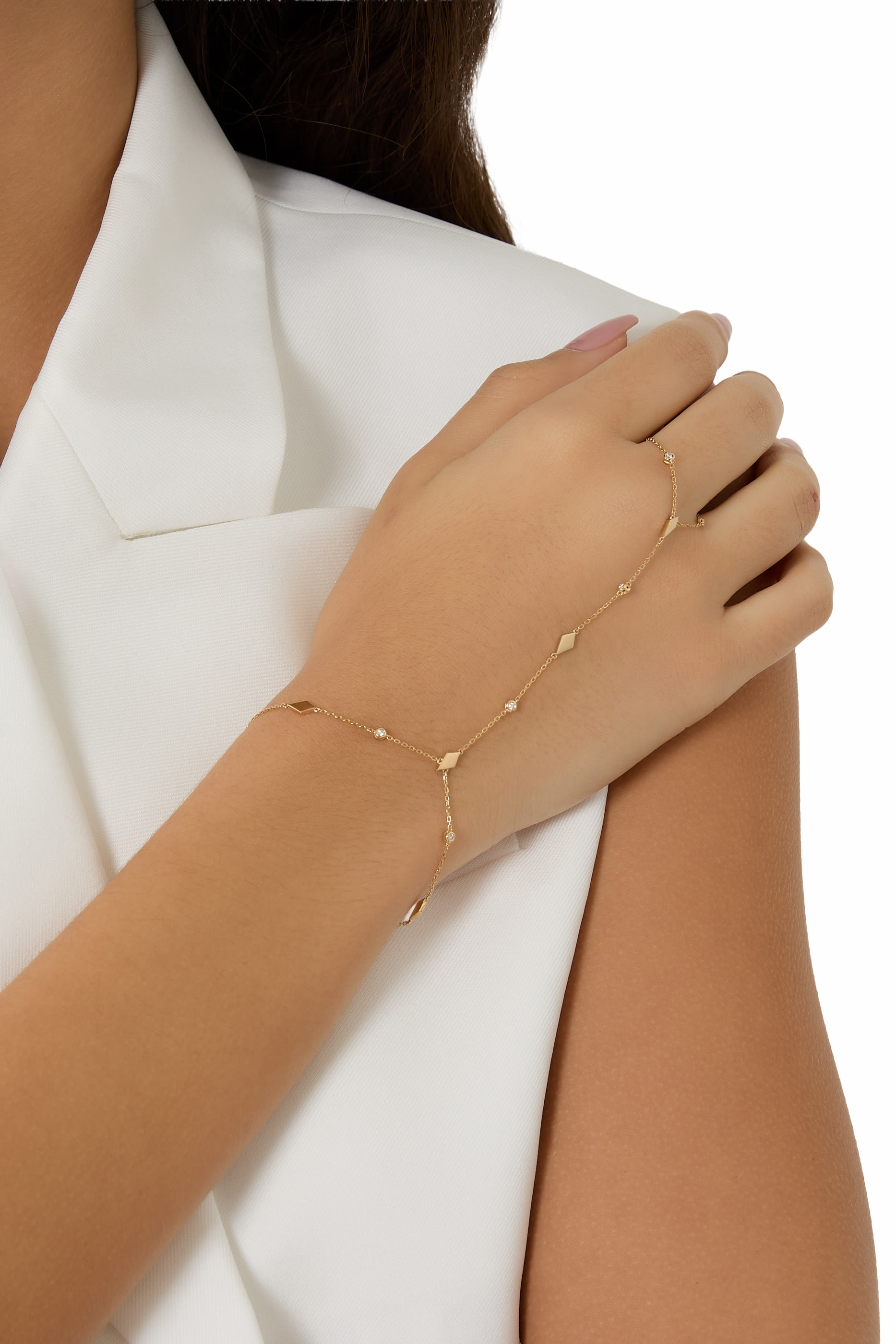 Mosaic Hand Chain Bracelet, 18k Yellow Gold & Diamonds
