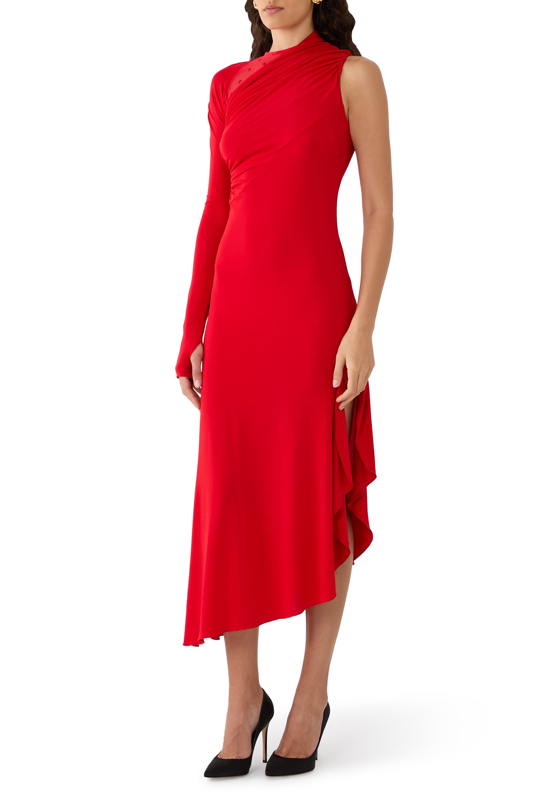 Asymmetrical Crepe Jersey & Plumetis Long Dress