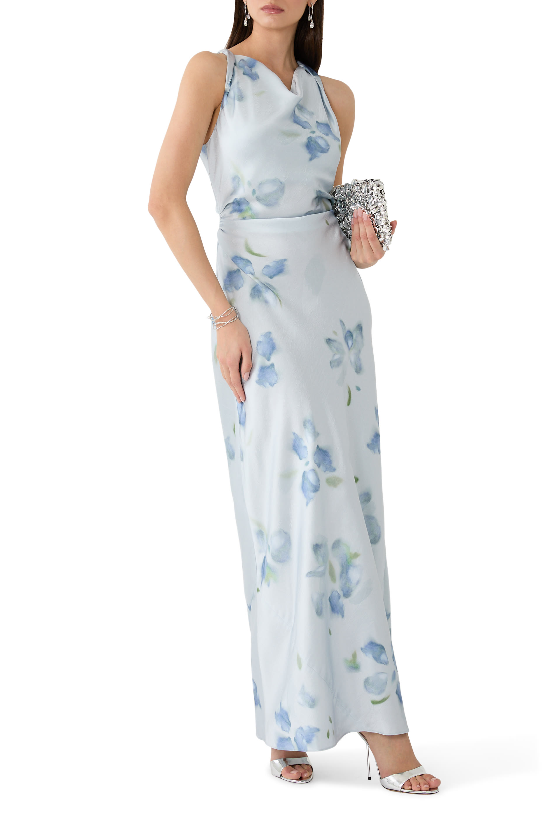 Petal Blur Satin Twist-Shoulder Dress