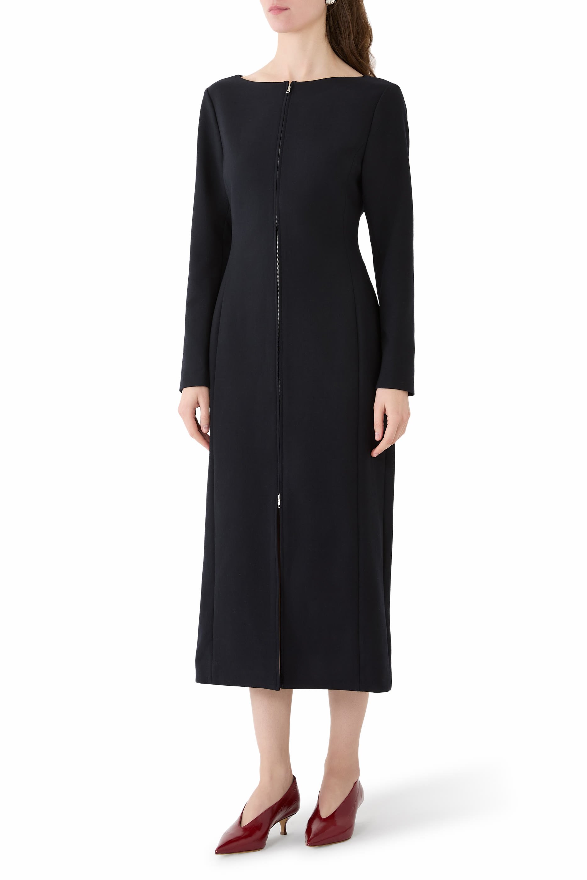Tense Wool Double Cloth Front-Zip Dress
