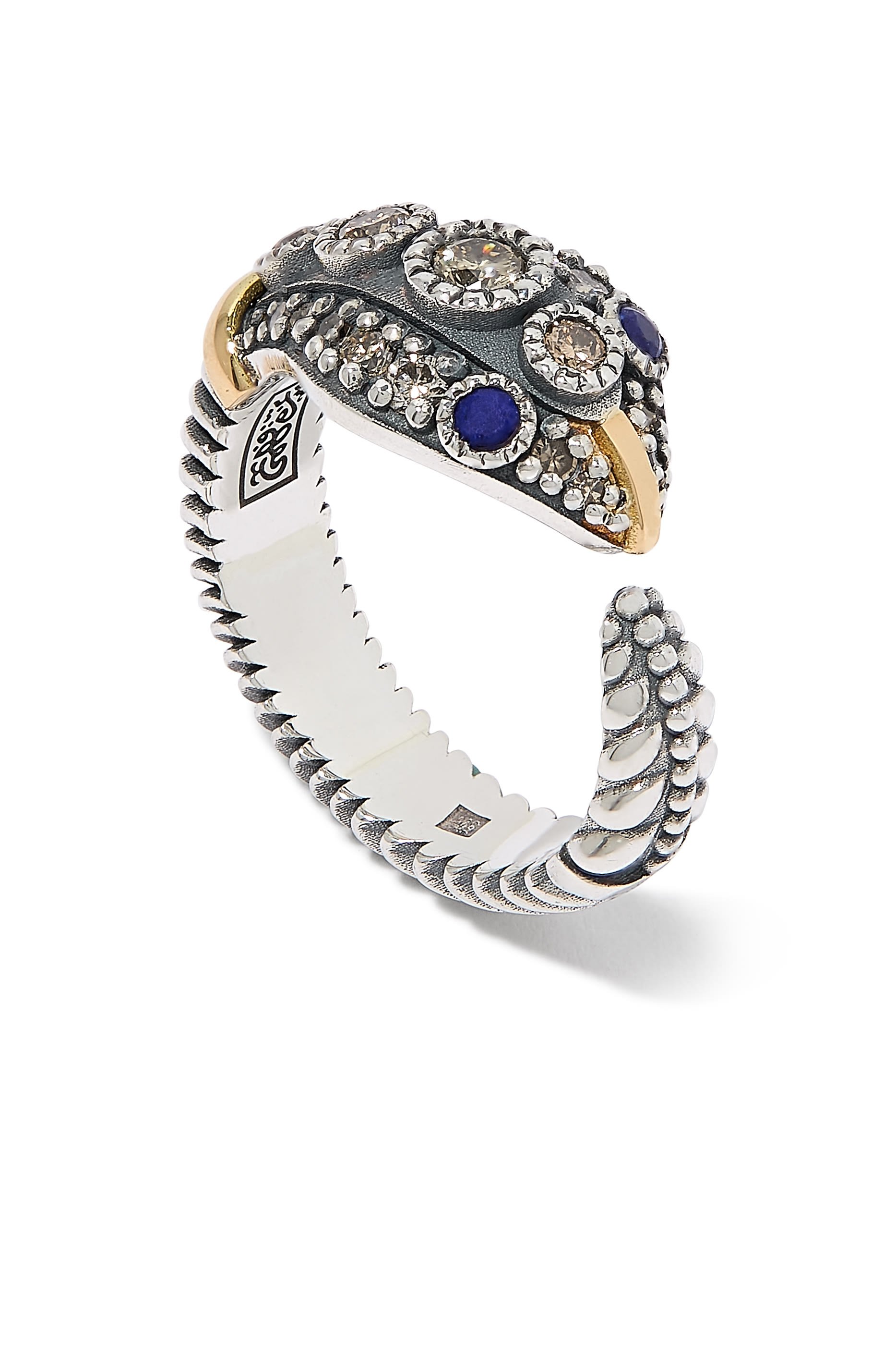  Guardian Snake Ring, 18K Yellow Gold with Sterling Silver, Lapis & Diamonds