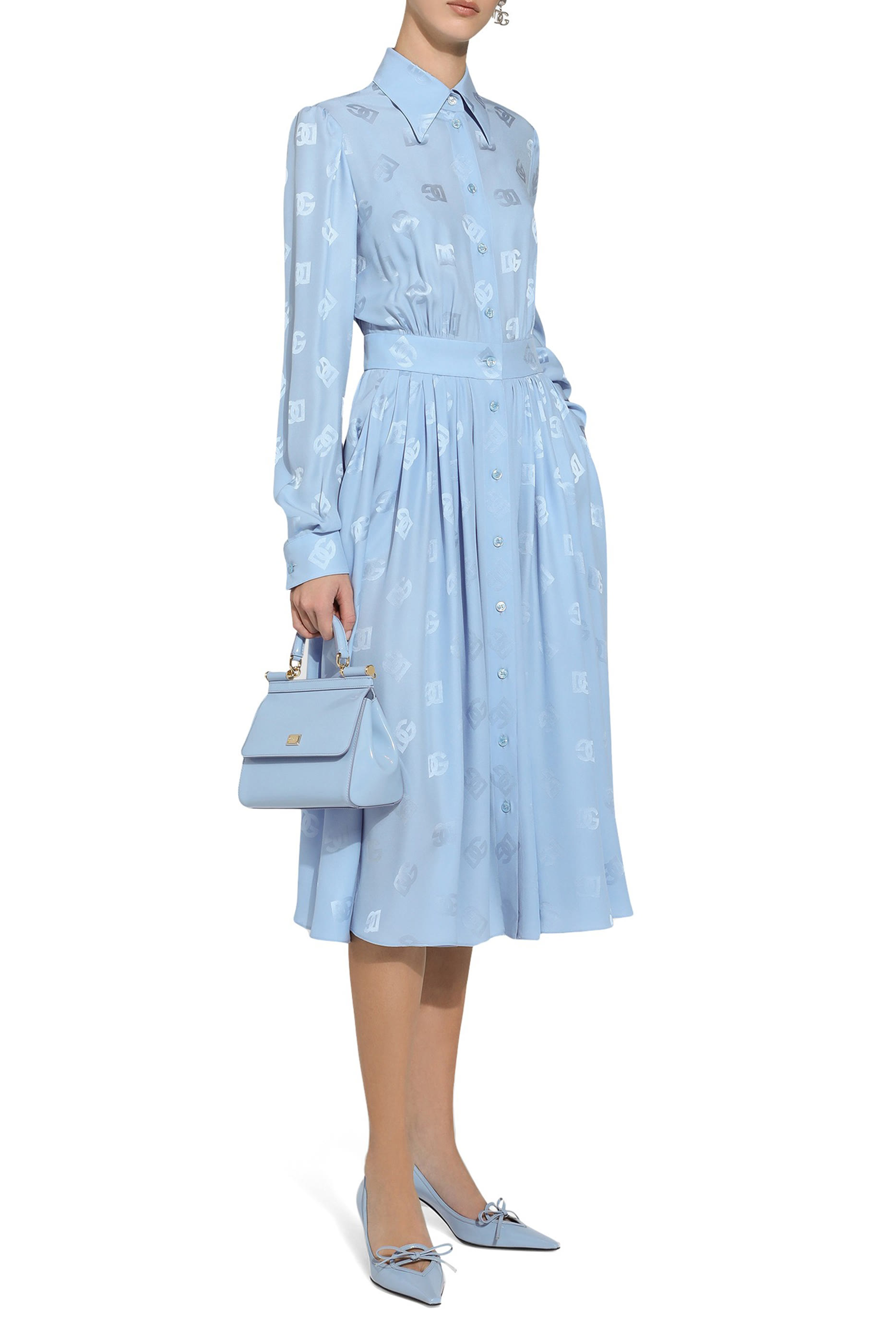 DG Logo Silk Satin Jacquard Shirt Dress