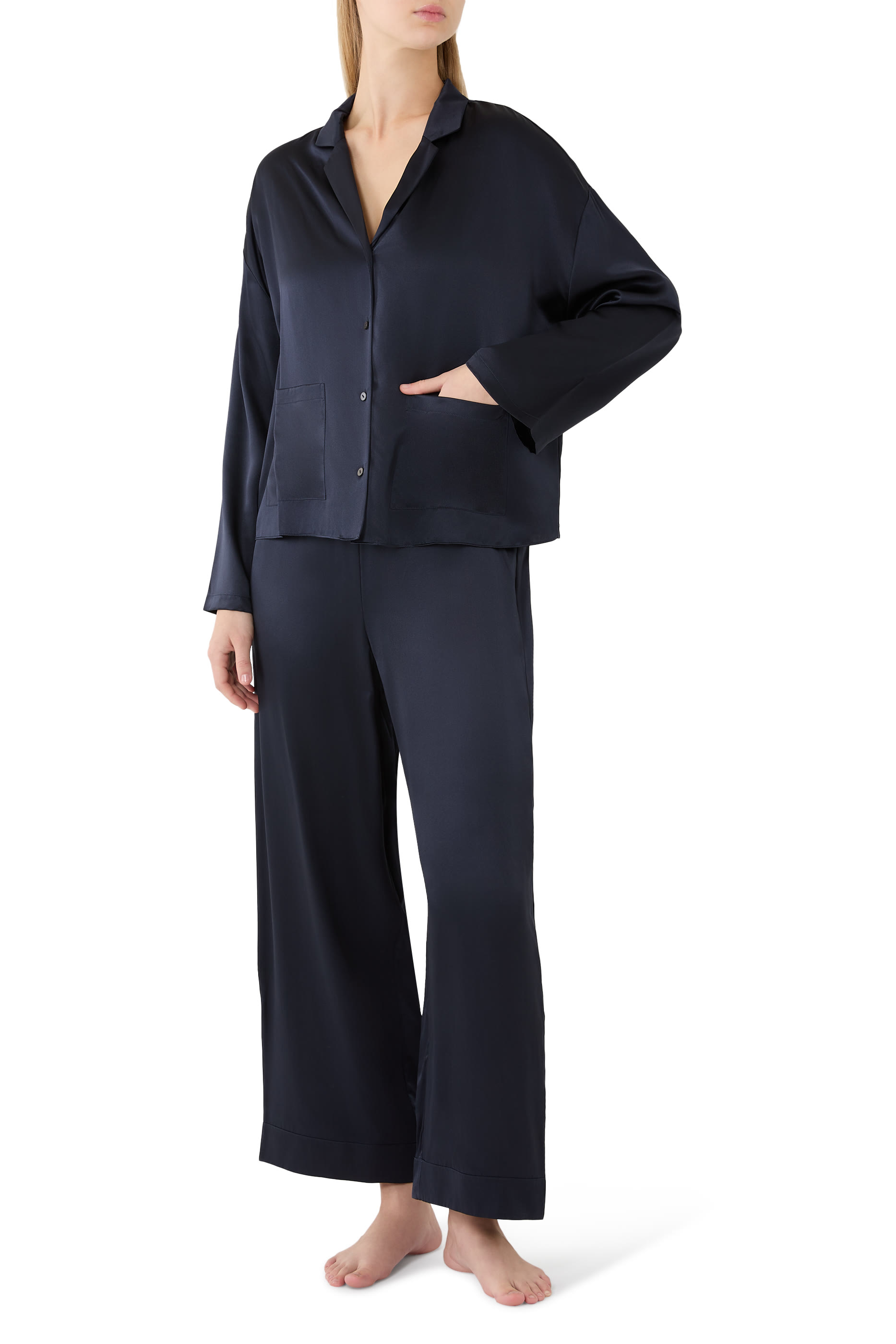  Silk Pocket Drop Shoulder Pajama Set 