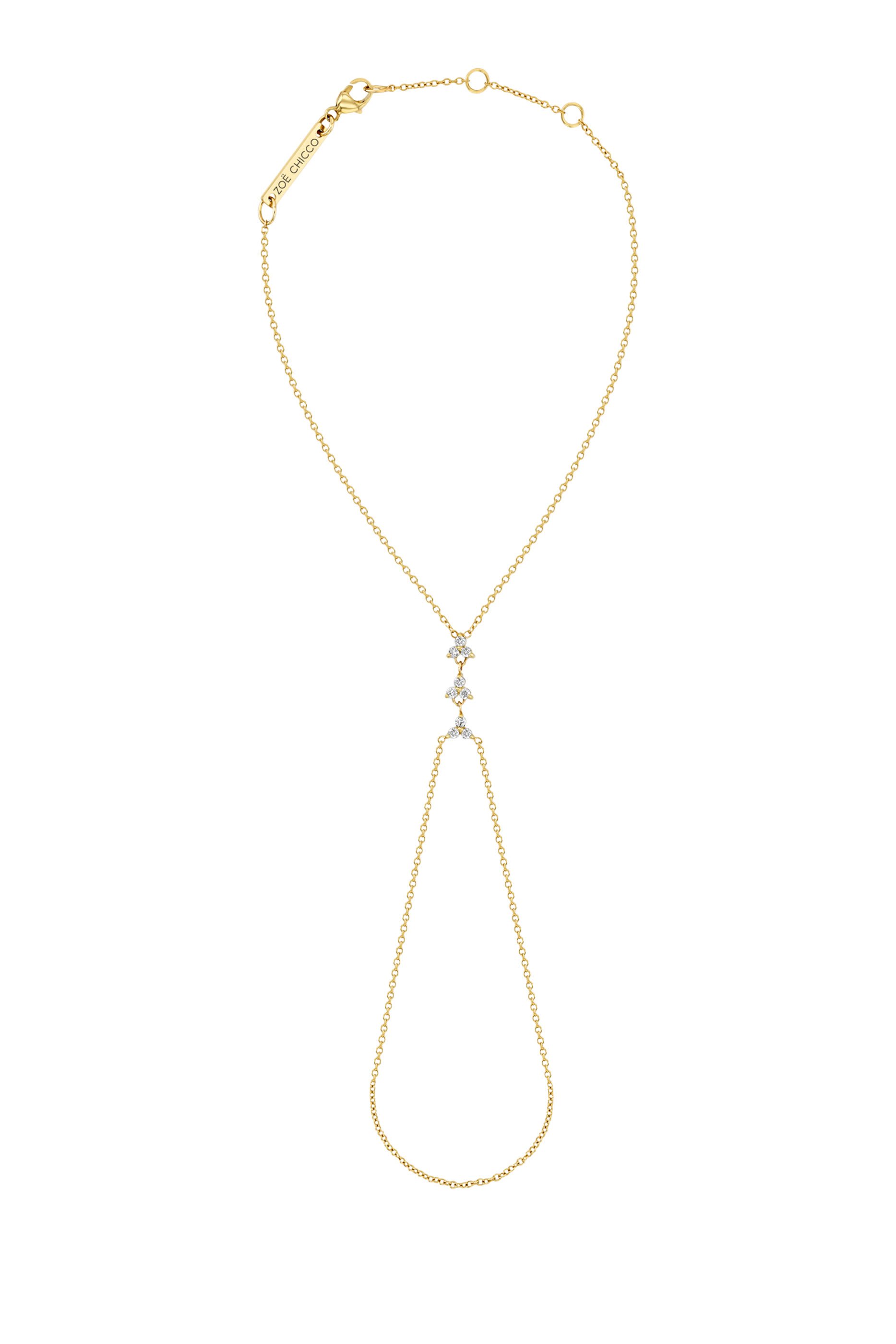  3 Small Prong Diamond Trio Hand Chain, 14k Yellow Gold