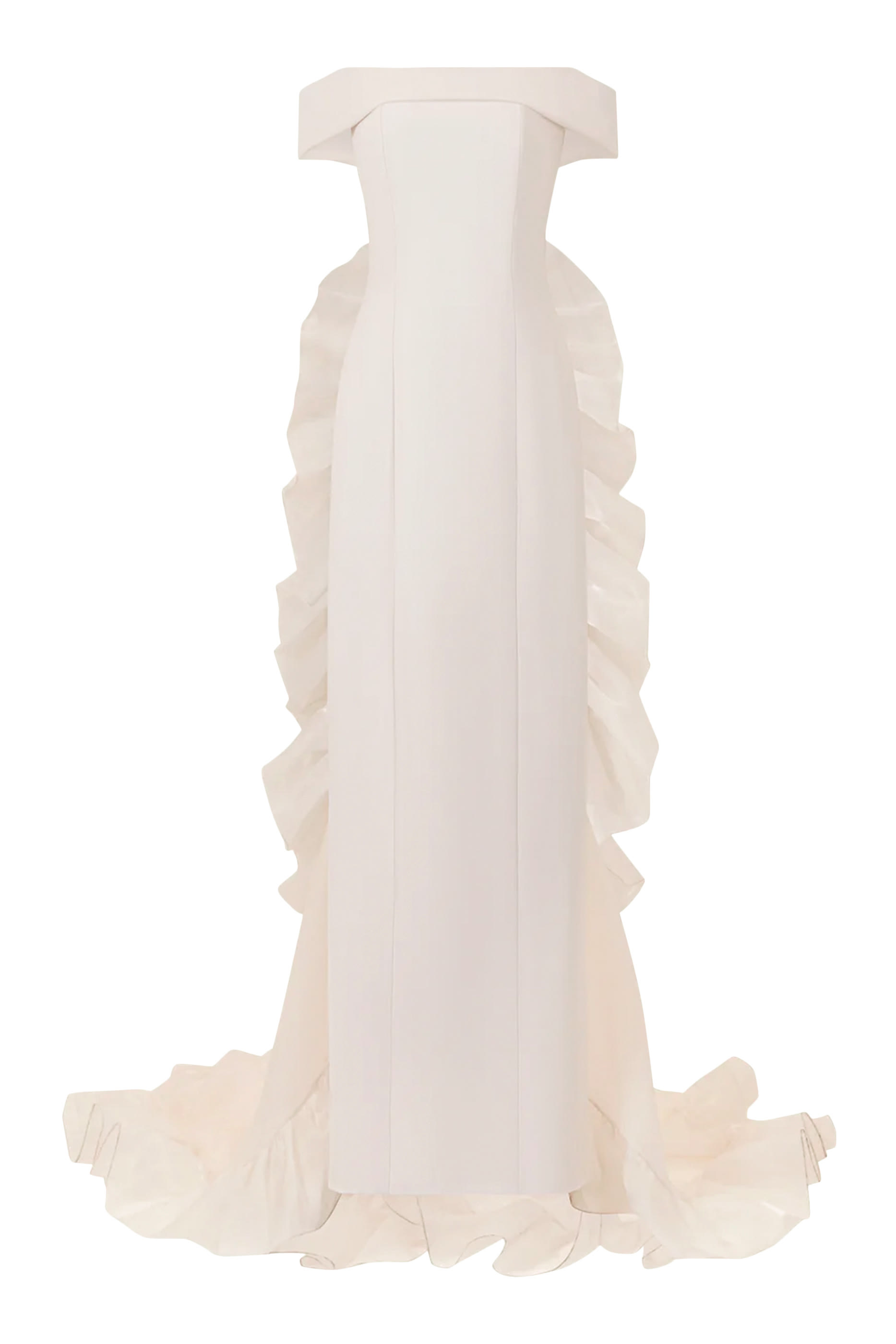 Strapless Off-Shoulder Gown with Ruched Organza Train