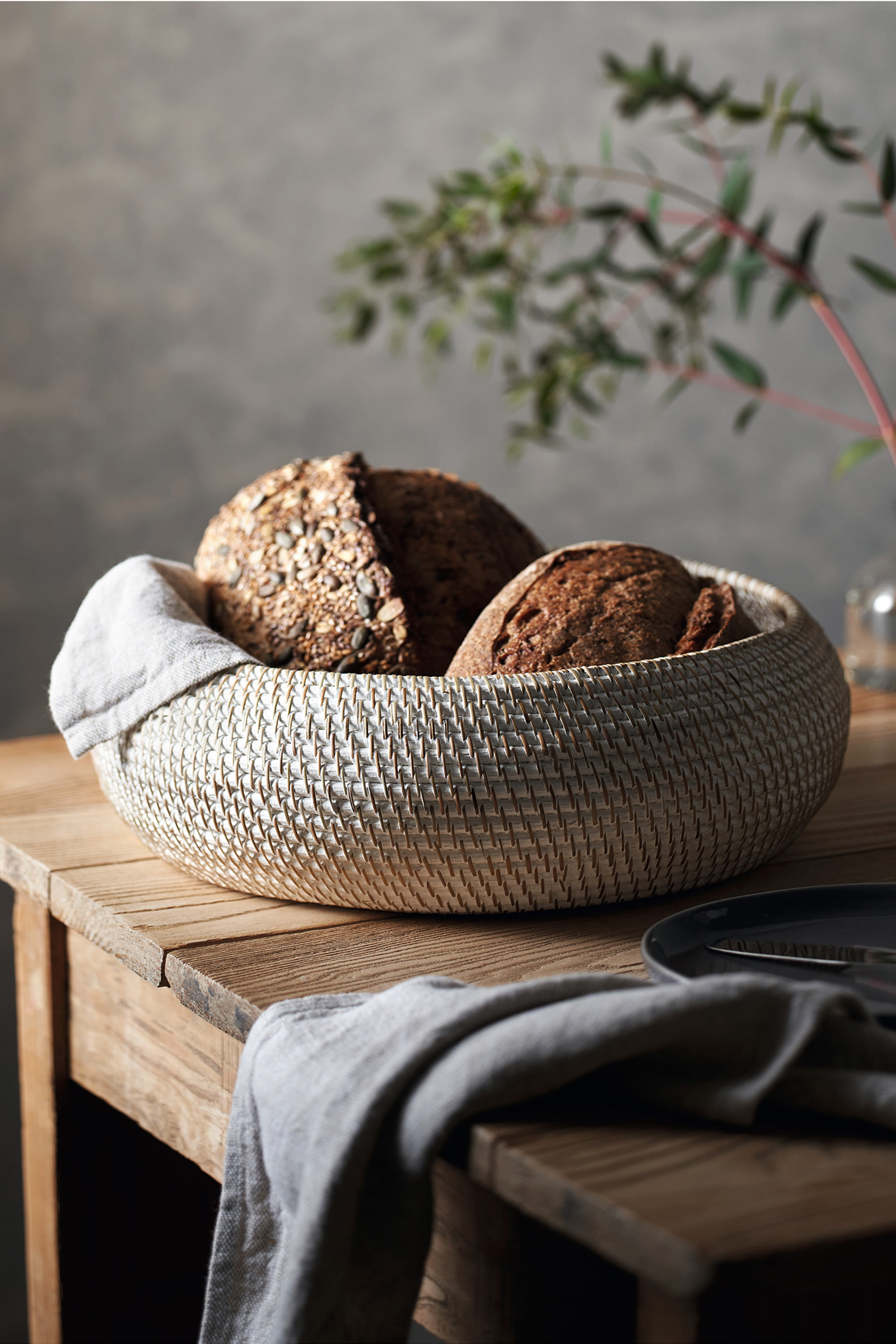 Whitewashed Rattan Serving Bowl