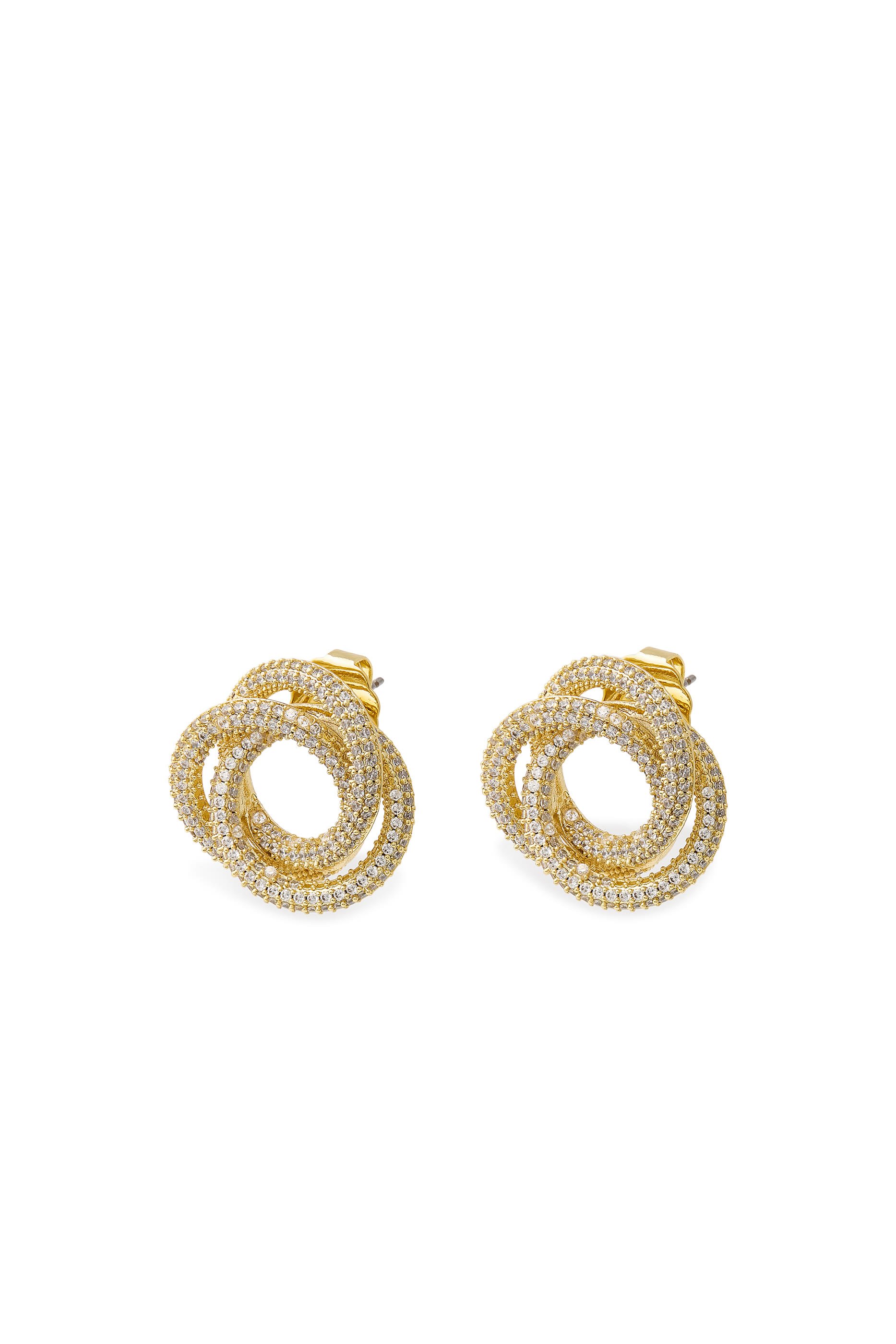 Pav&eacute; Triple Circle Interlocking Earrings, Gold Plated & Cubic Zirconia