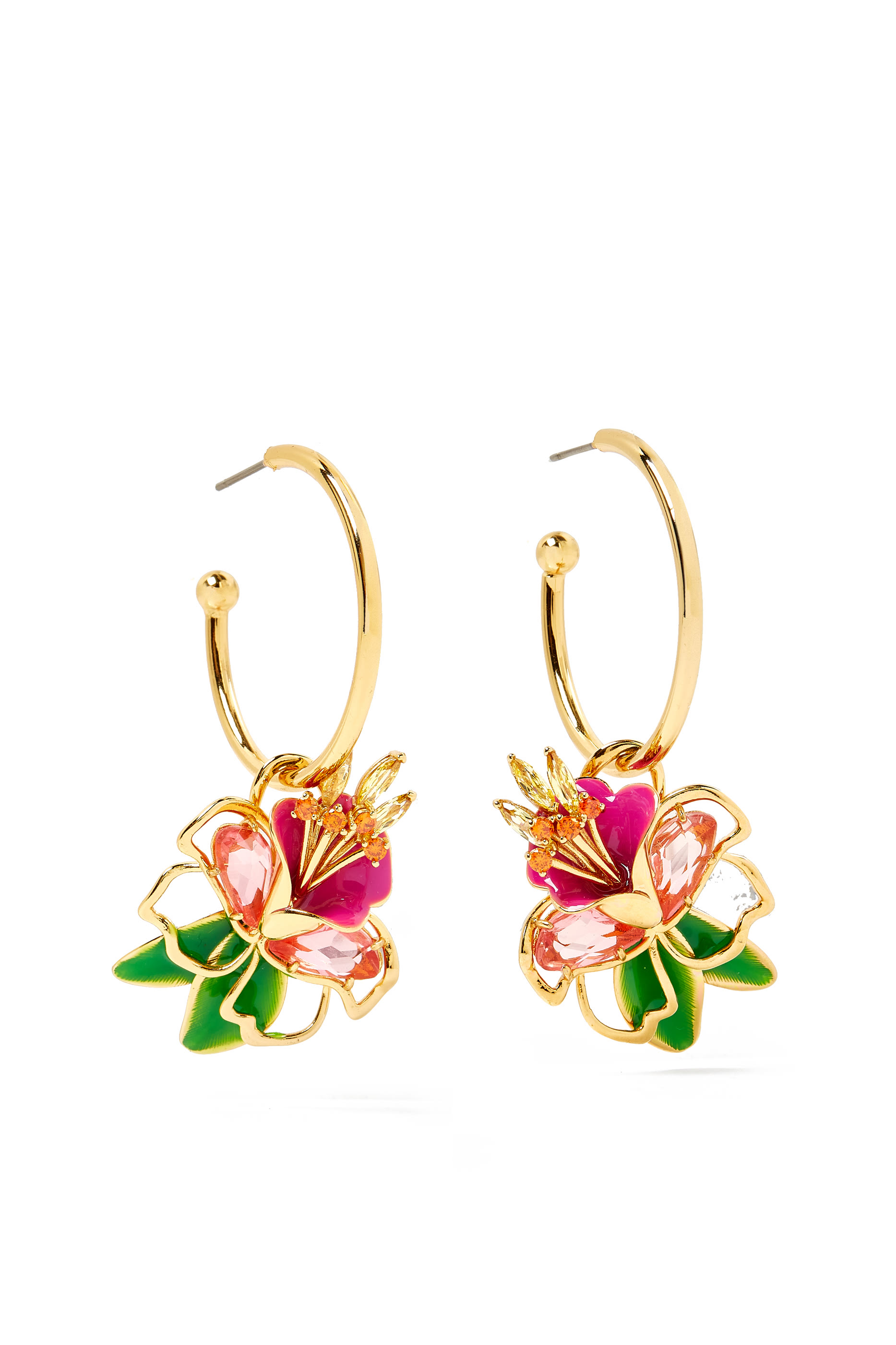 Paradise Floral Charm Hoops, Plated Metal & Cubic Zirconia, Glass Stone, Enamel, Titanium Posts