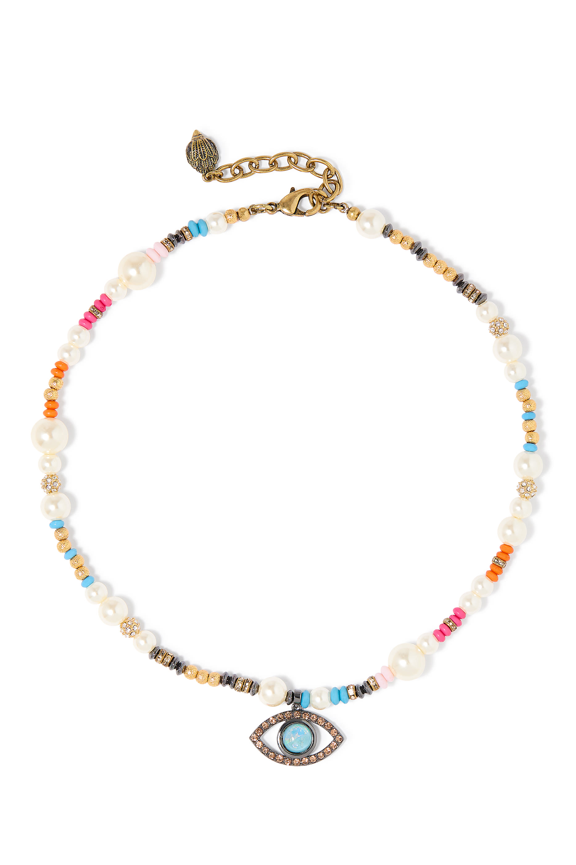 Evil Eye Pendant Necklace, Brass & Acrylic Faux Pearl, Glass, Resin