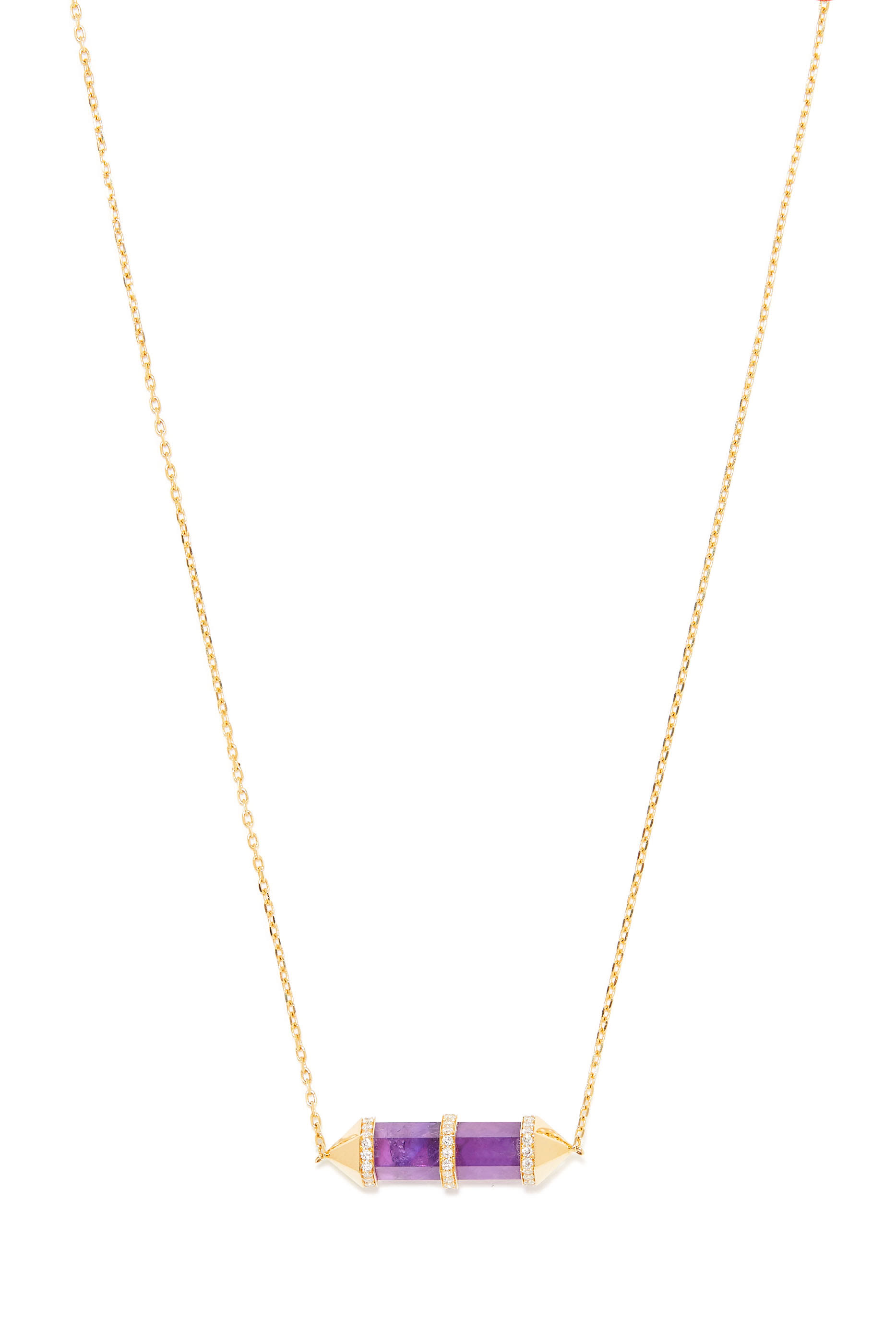 Horizontal Chakra Necklace, 18k Yellow Gold with Diamonds & Amethyst