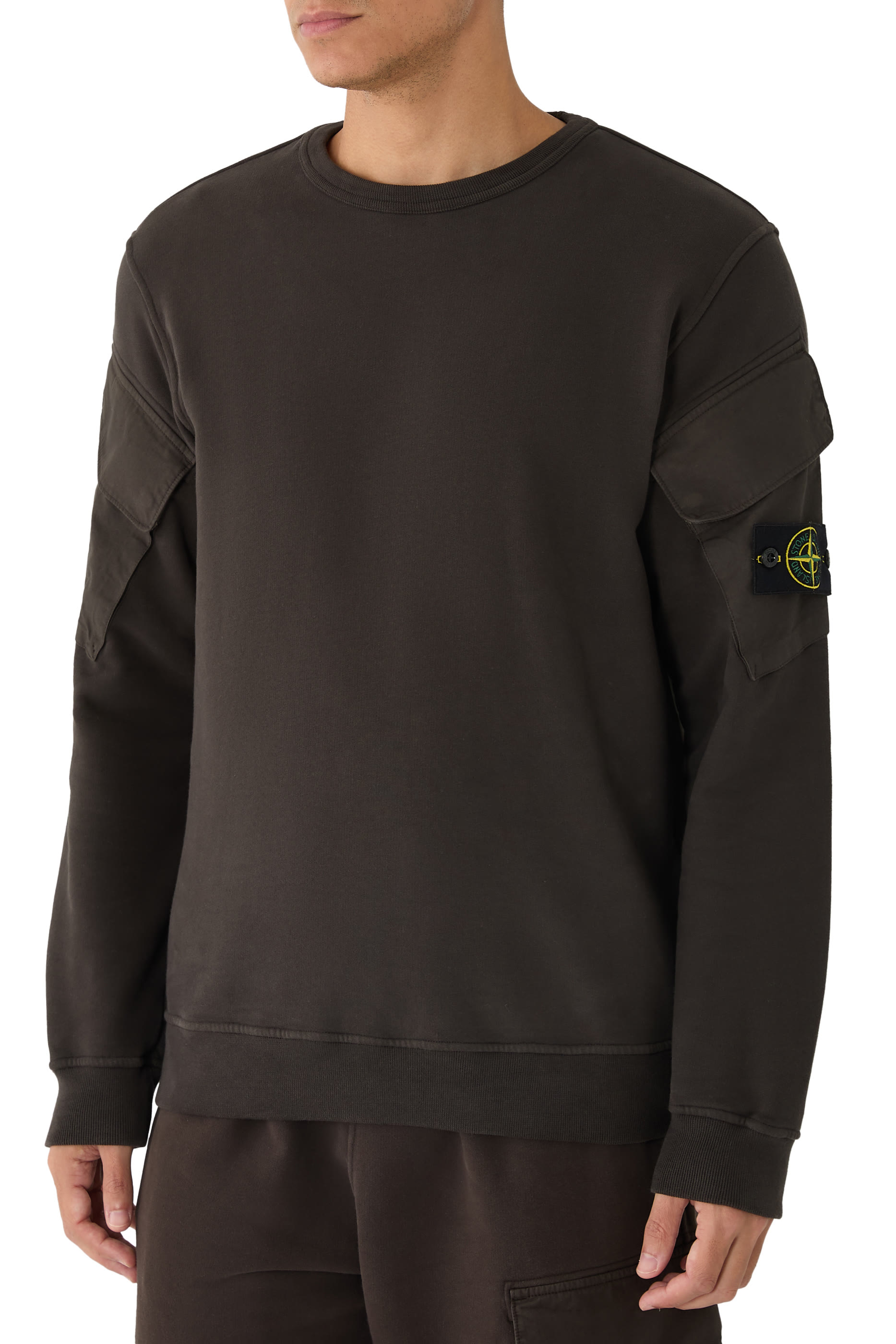 Brushed Organic Cotton Fleece Crewneck Sweatshirt with Sleeve Pockets